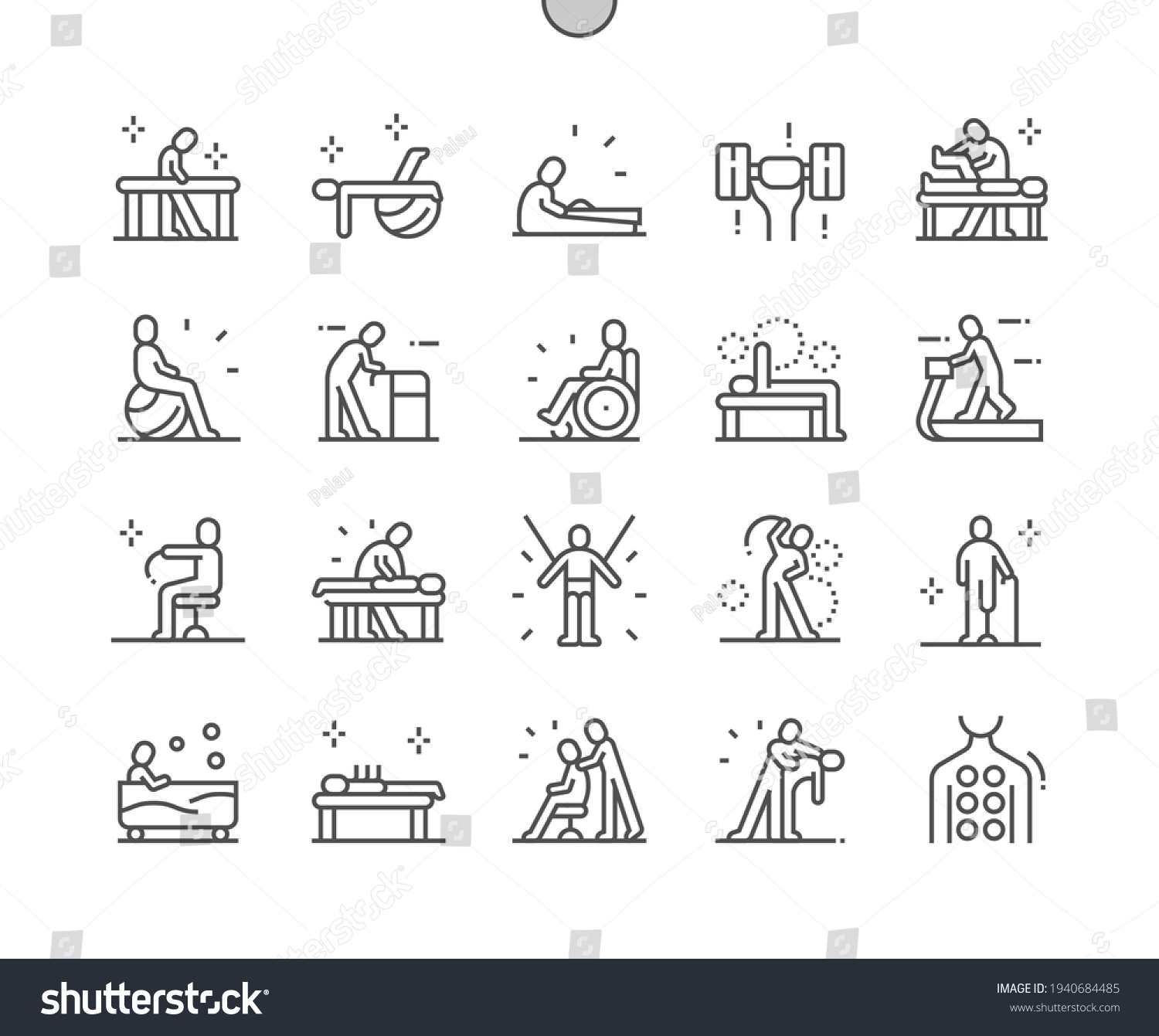 SVG of Physiotherapy. Massotherapy and acupuncture. Physical exercise. Rehabilitation. Health care, medical and medicine. Pixel Perfect Vector Thin Line Icons. Simple Minimal Pictogram svg