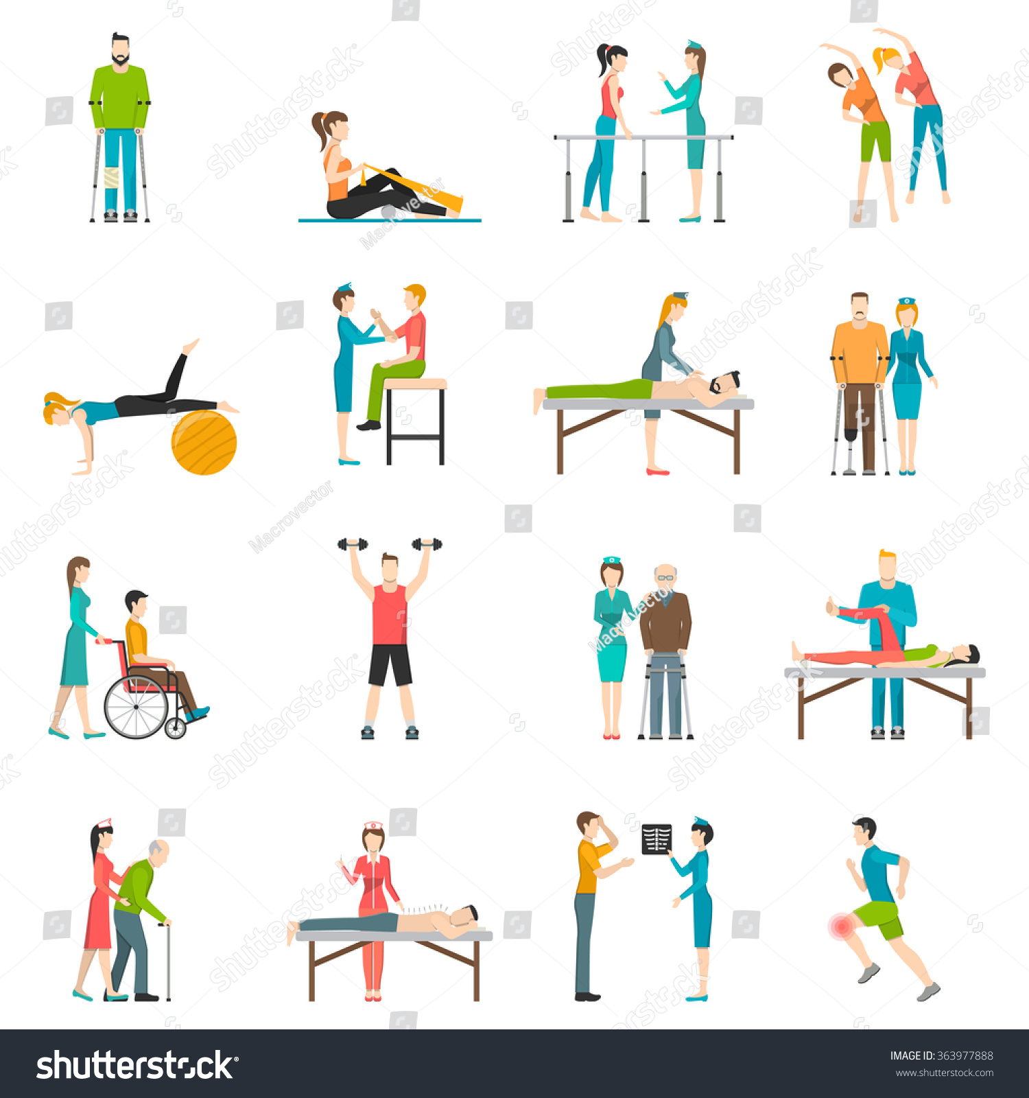 SVG of Physiotherapy rehabilitation flat color icons with doctor nurse and patients involved in physical exercises massage and chiropractic isolated vector illustration    svg