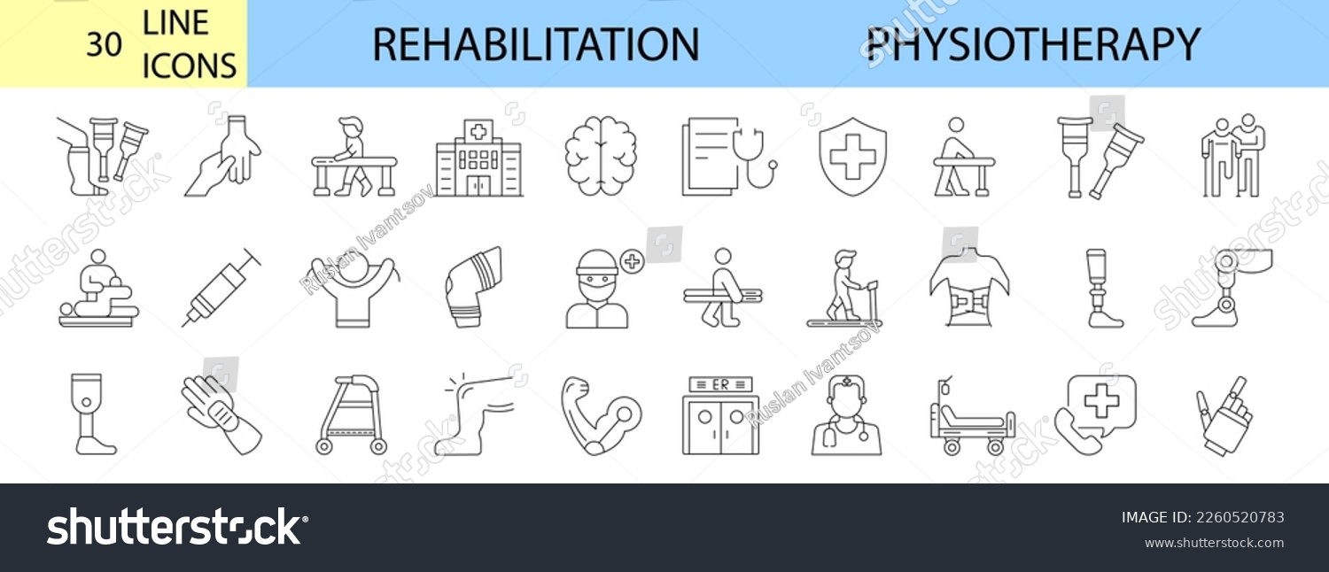 SVG of Physiotherapy, rehabilitation, prosthetics line icons set. editable stroke Vector illustration svg