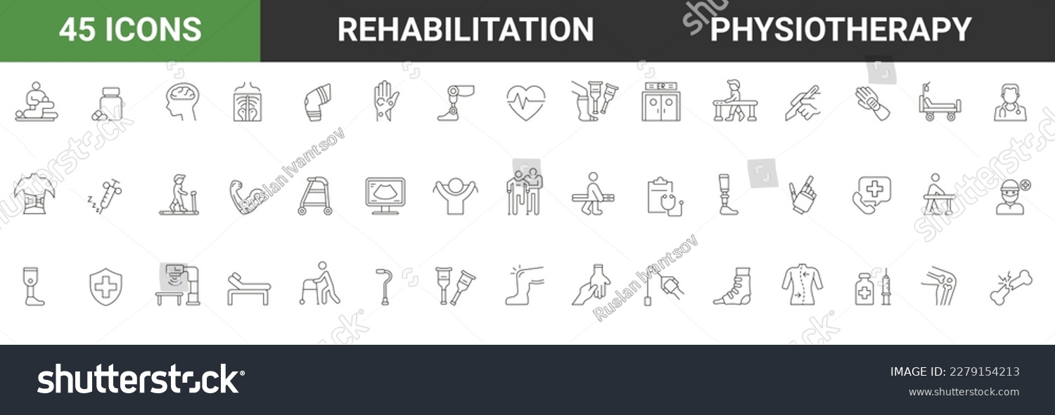 SVG of Physiotherapy, rehabilitation, prosthetics line icons set. editable stroke Vector illustration svg
