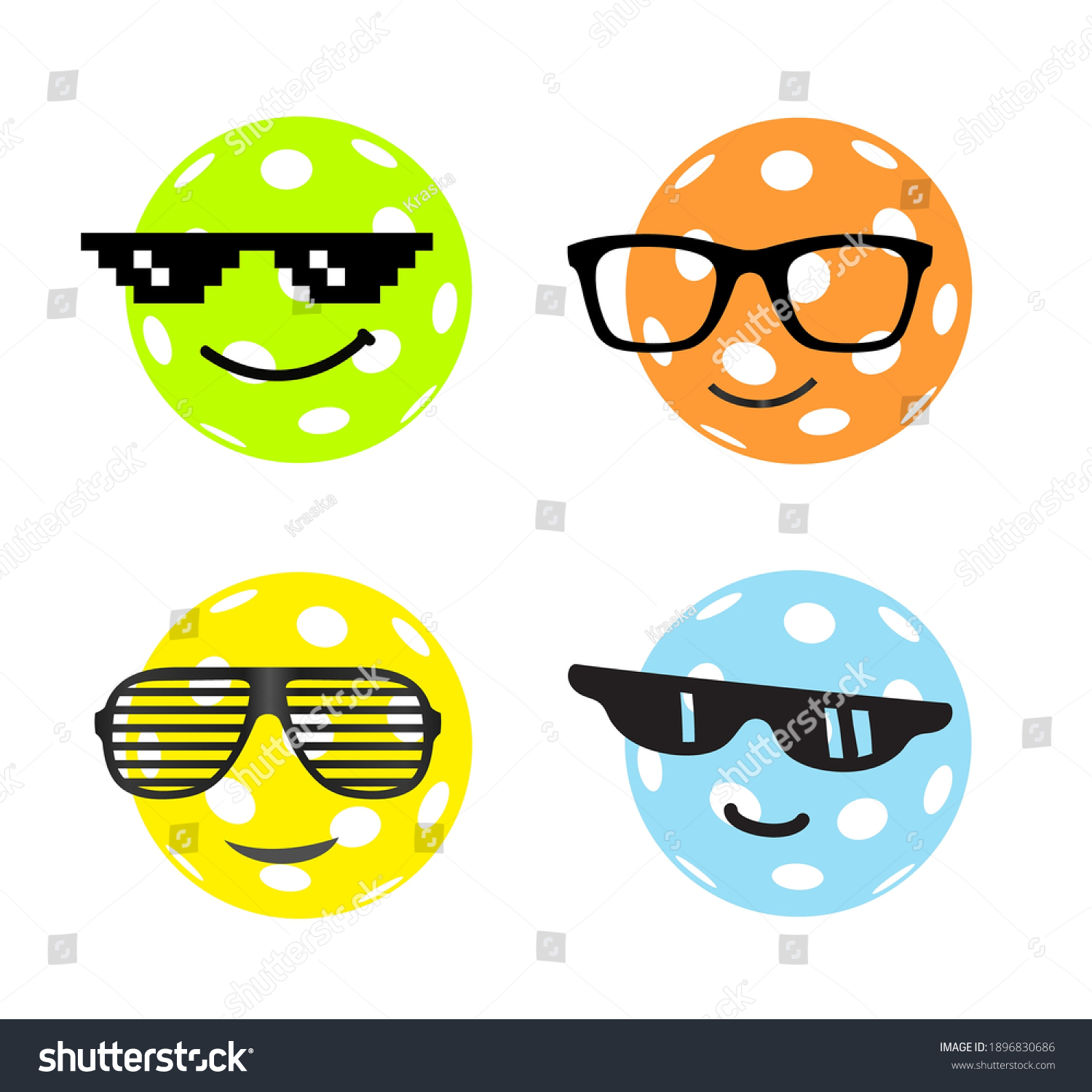 Pickleball Balls Wearing Cool Sunglasses Pickleball Stock Vector ...