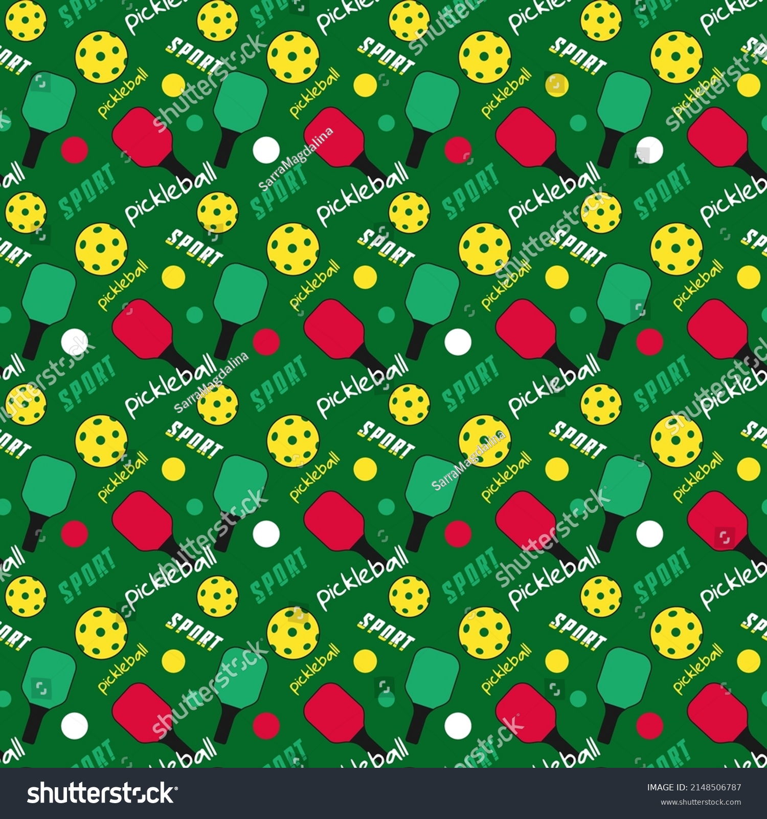 Pickleball Pattern Green Red Rackets Yellow Stock Vector (Royalty Free