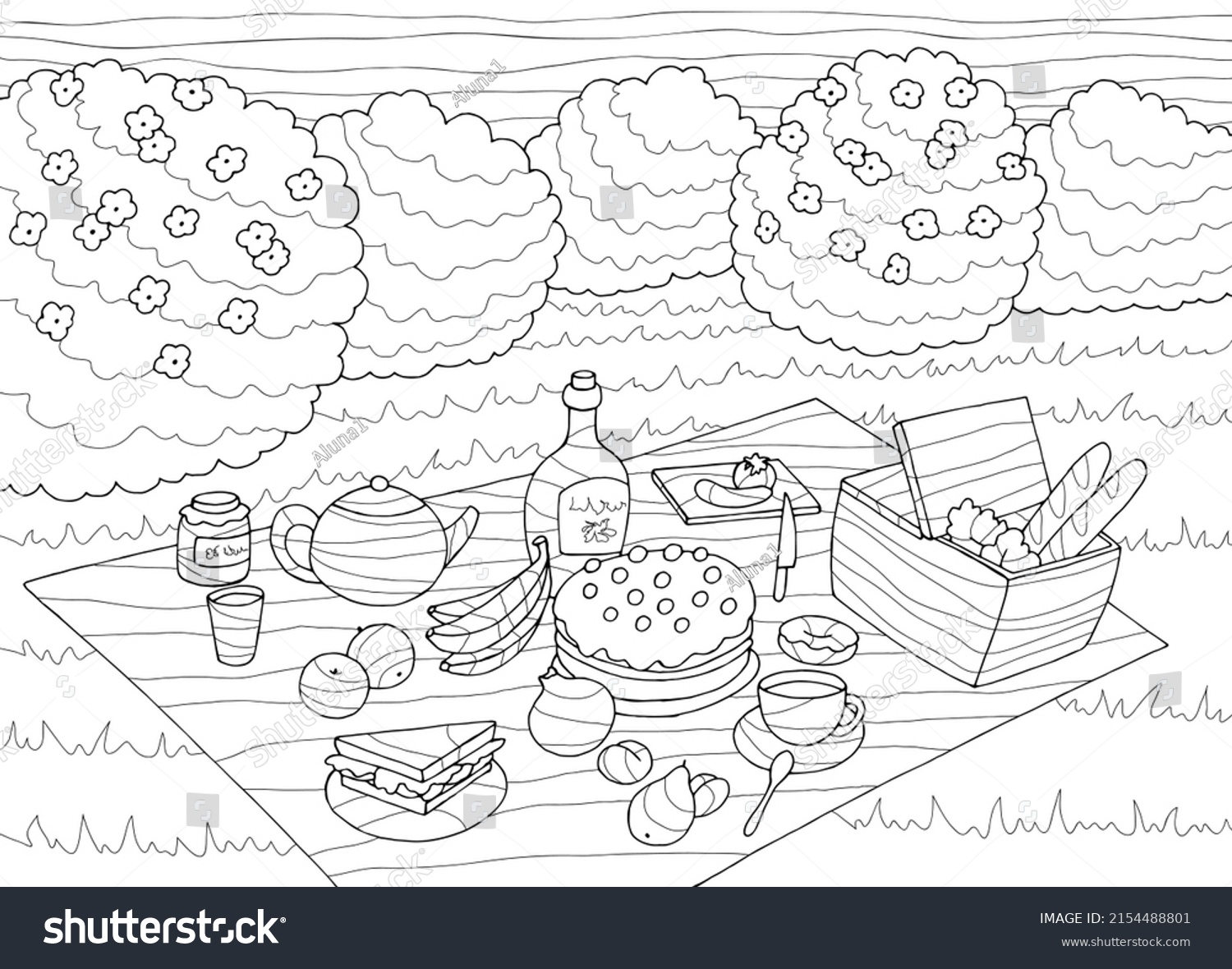 Picnic Coloring Graphic Black White Sketch Stock Vector (Royalty Free ...