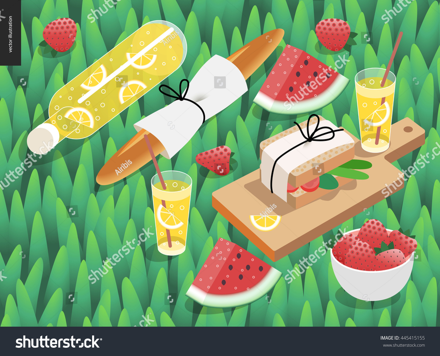SVG of Picnic snack and grass template - vector cartoon flat illustration of snack and drink for picnic - bottle and glass of lemonade, baguette, watermelon, sandwich, on a green grass background svg