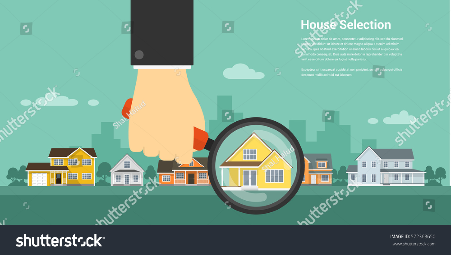 SVG of picture of a human hand holding magnifying glass and number of houses, house selection, house project, real estate concept, flat style illustration svg