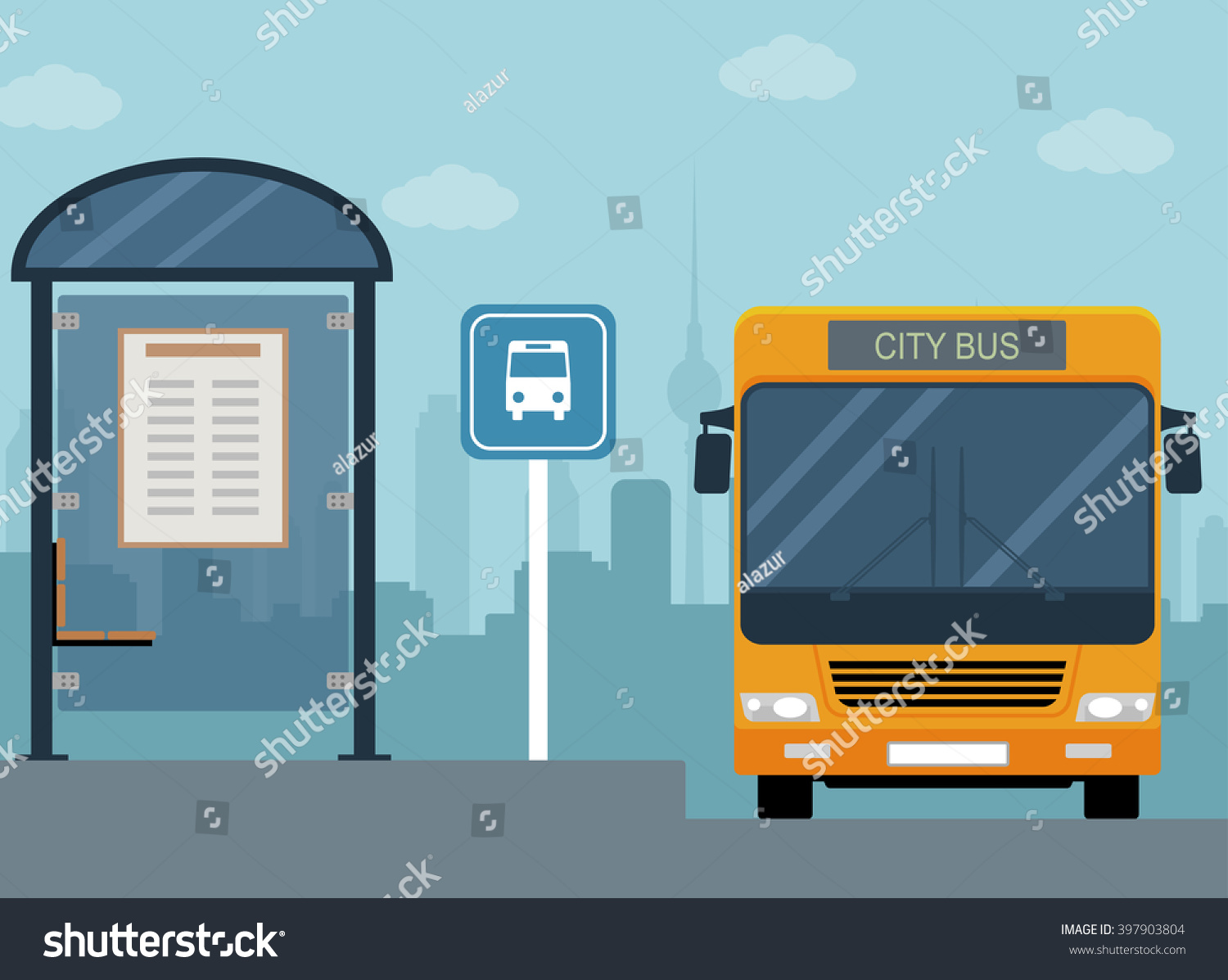 バス停のバスの写真 フラットスタイルのイラスト のベクター画像素材 ロイヤリティフリー
