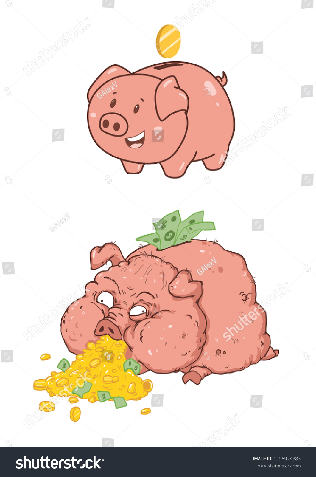 Pig Piggy Bank Cute One Coin Stock Vector Royalty Free 1296974383