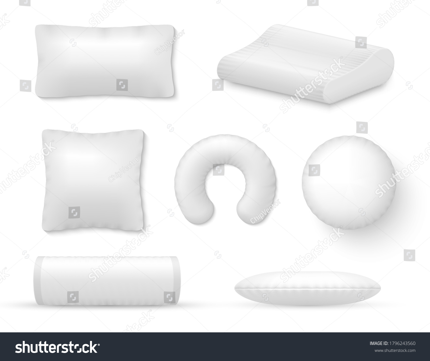 SVG of Pillow, cushion white for sleep, rest, relax realistic mockups set. Soft support of body for comfort, therapy or decoration. Bedroom interior elements templates. Vector pillow isolated on white. svg