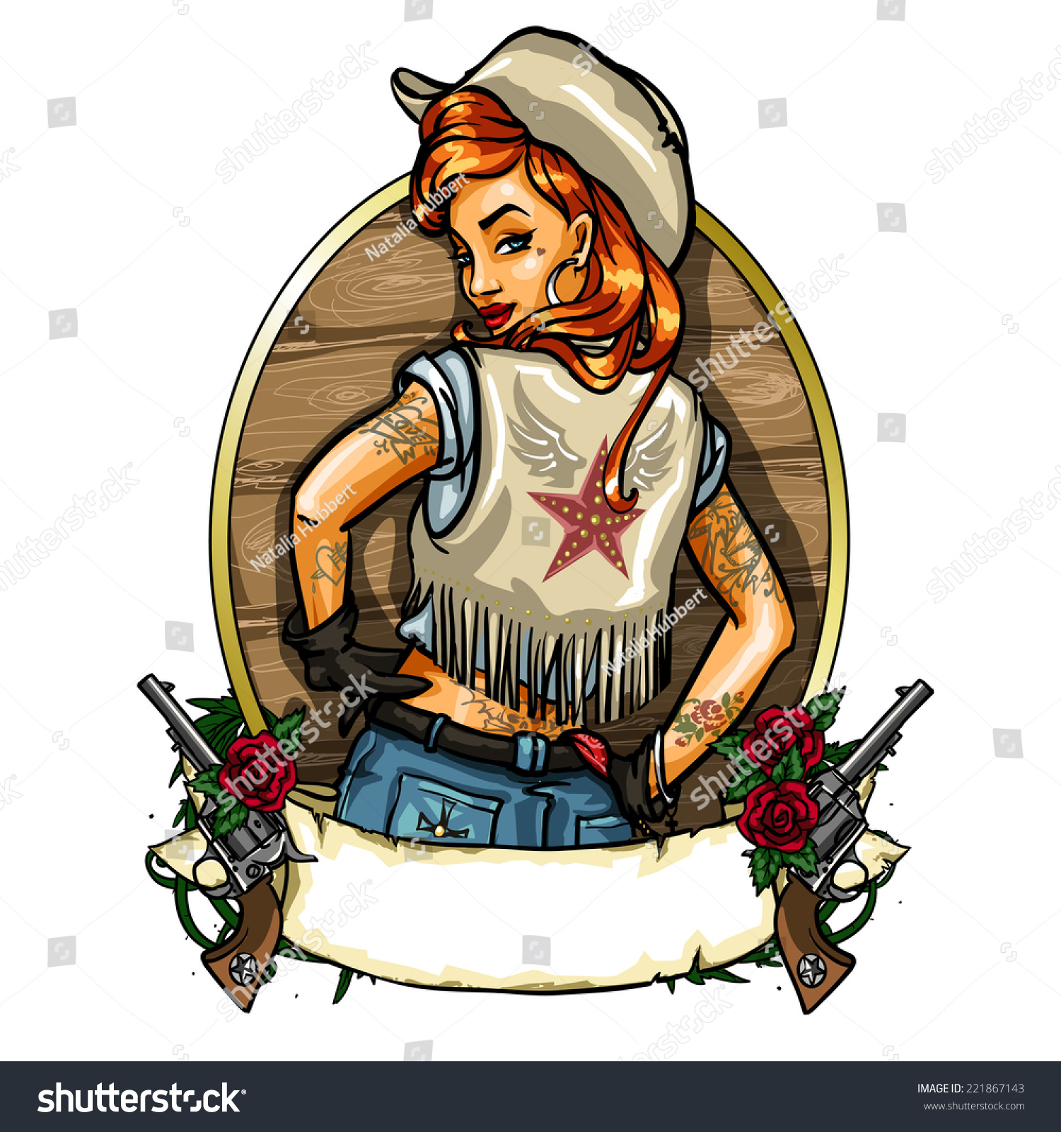 Pin Up Girl Label With Ribbon Banner And Guns, Sexy Cowgirl Stock ...