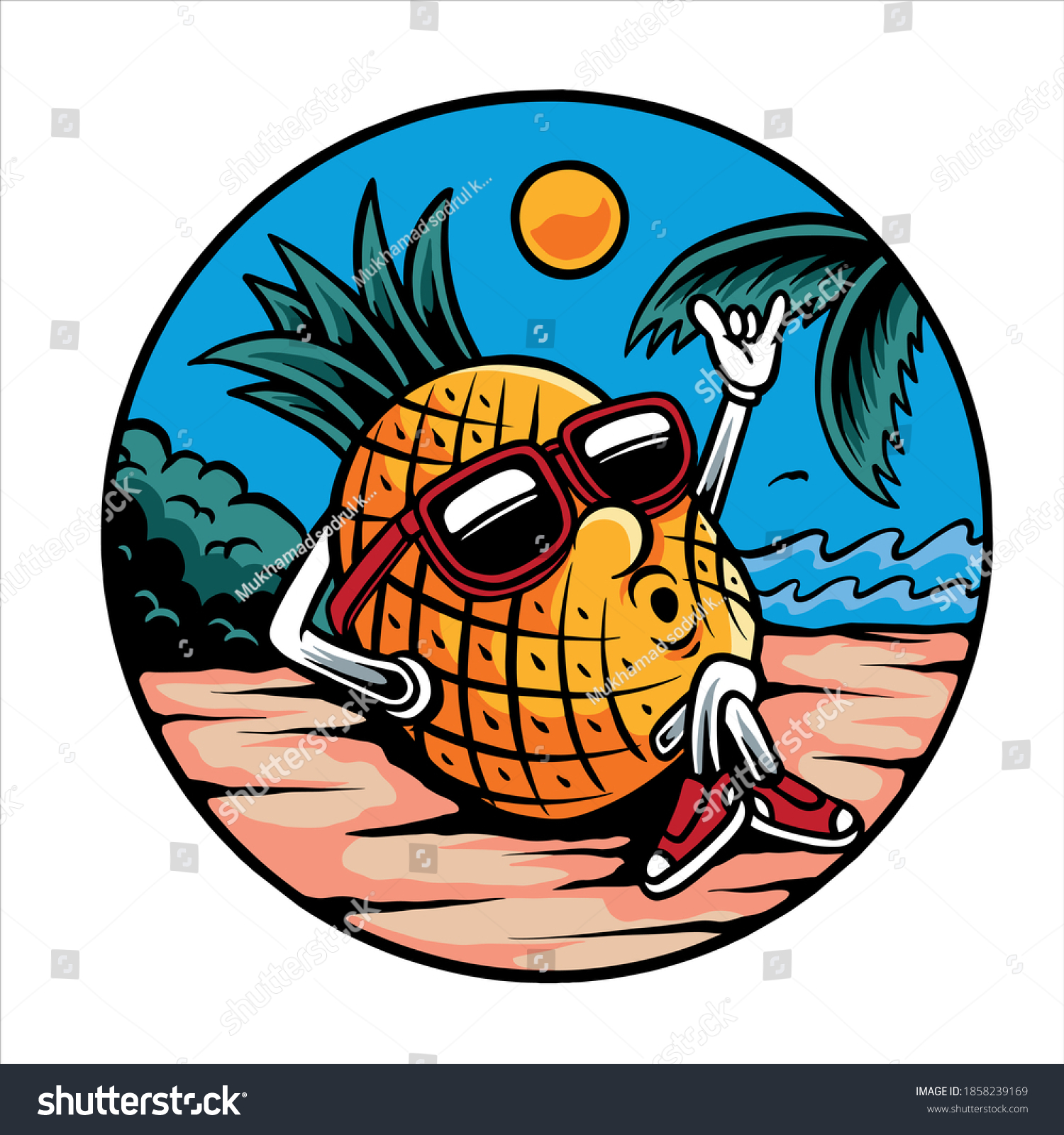 cool pineapple wearing sunglasses at the beach clip art preview