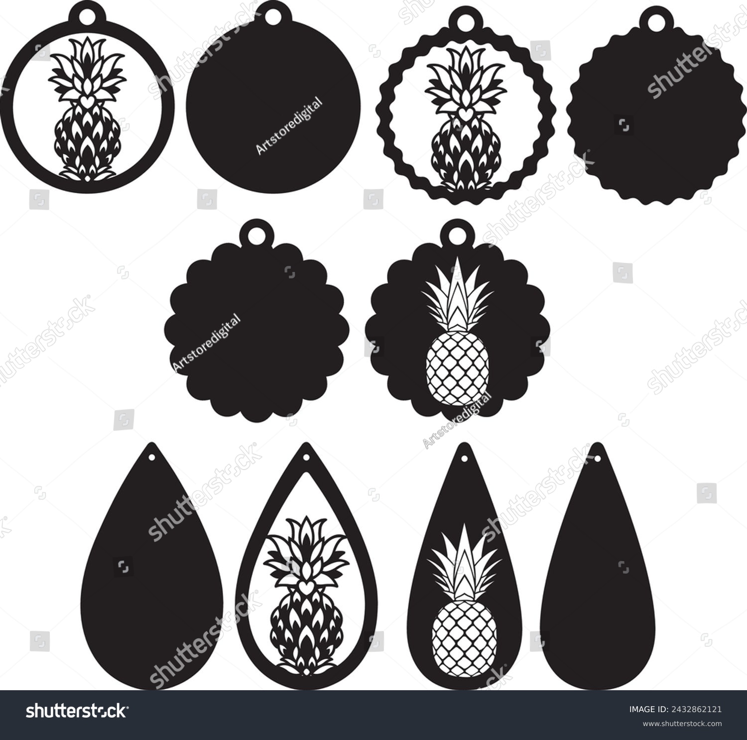 SVG of Pineapple earrings, summer earrings bundle, leather earring, earring for glowforge, laser cut earring, vector illustration file svg