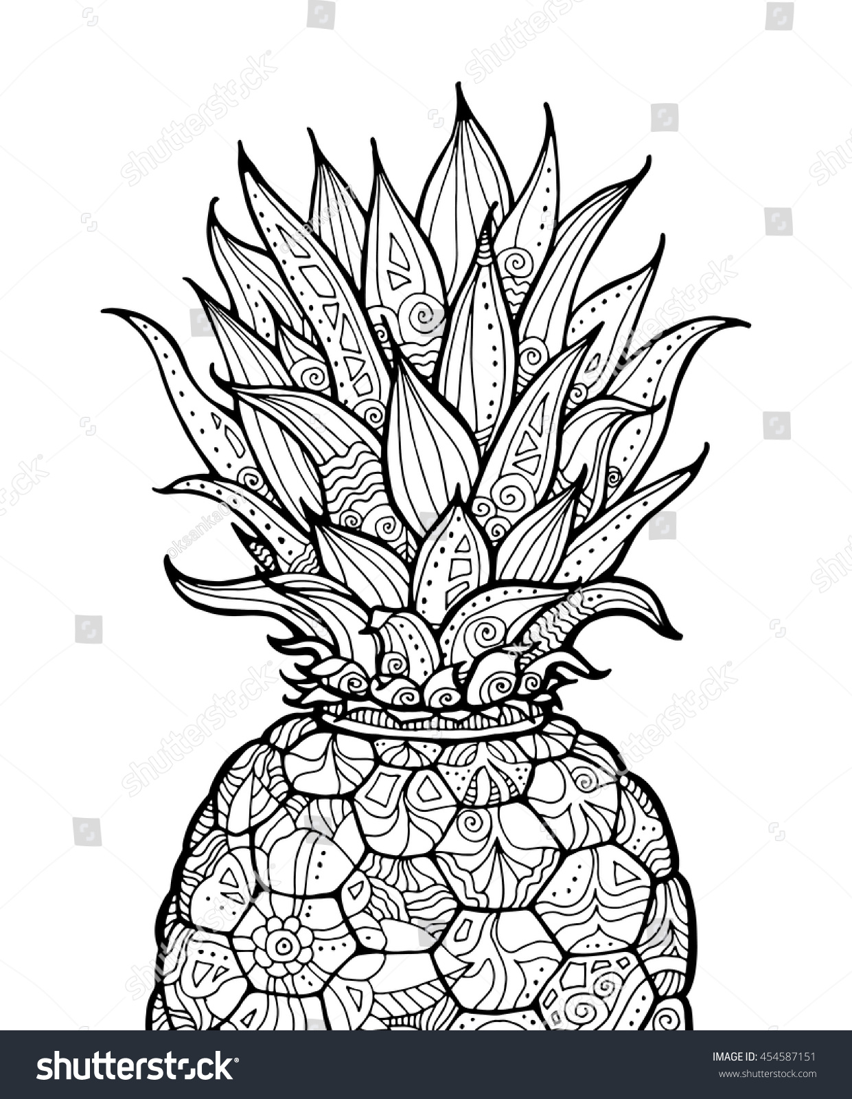 Pineapple exotic fruit with floral pattern Vector Coloring book page for adult