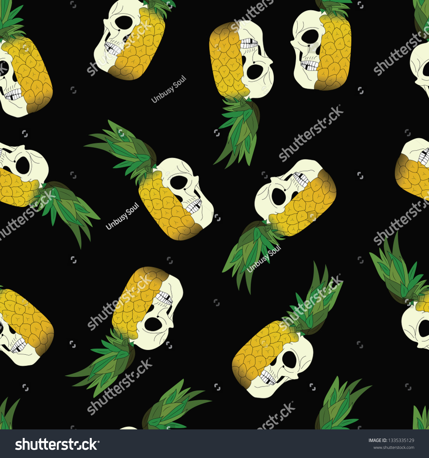 Pineapple Skulls On Black Background Seamless Stock Vector (Royalty