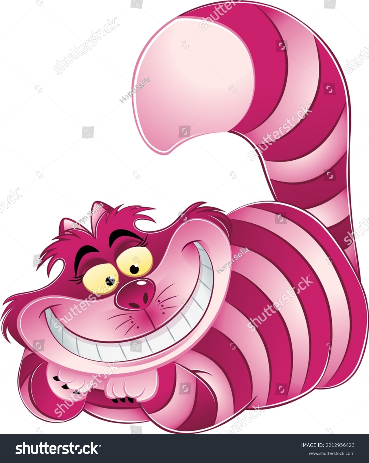 SVG of pink and purple cat laying and smiling with all its teeth. svg