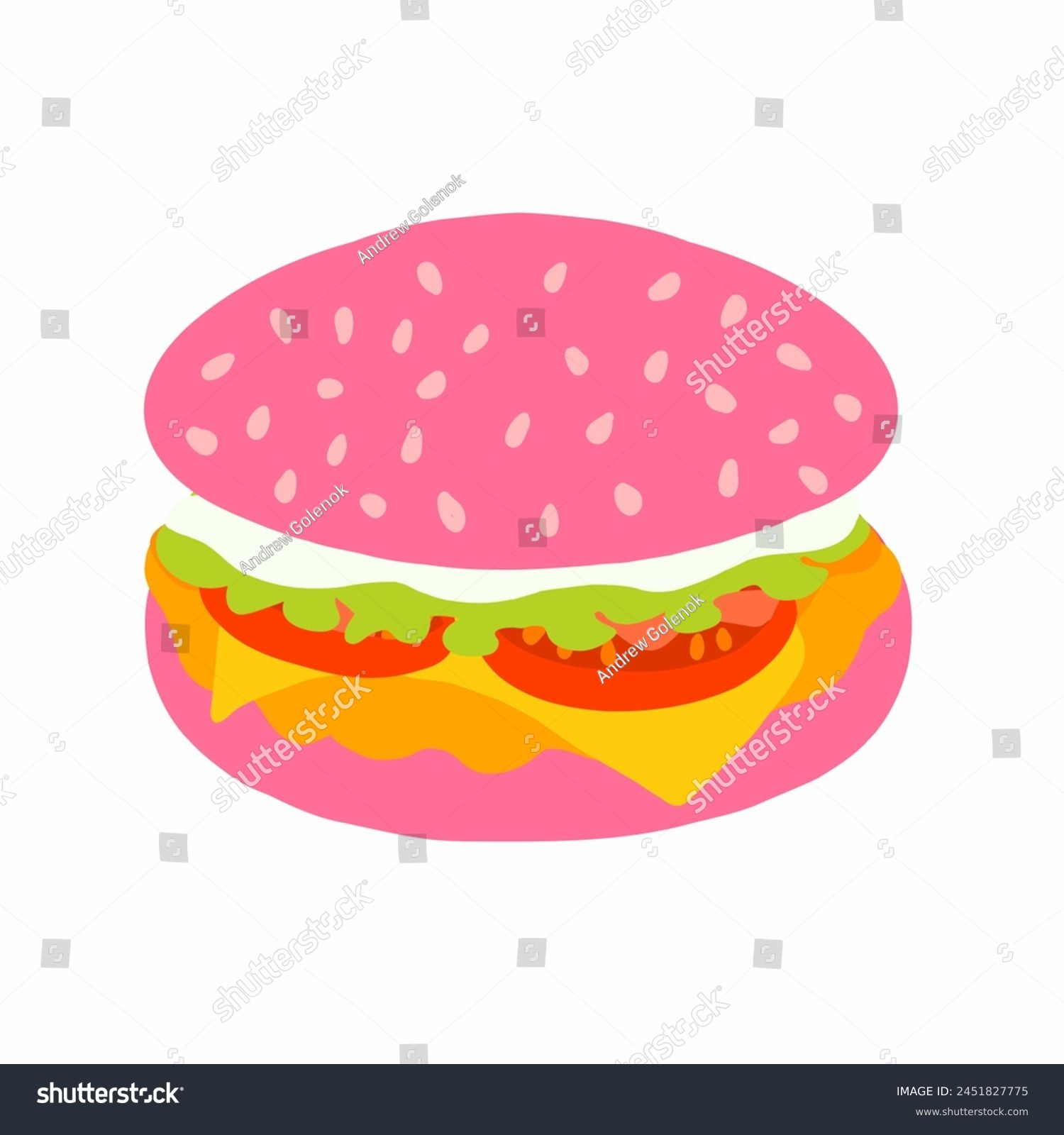 SVG of Pink burger with chicken cutlet, fresh tomato, salad leaf, cheese and mayo sauce icon in cartoon flat style. Vector illustration isolated on white background. For menu, poster, infographic, restaurant svg