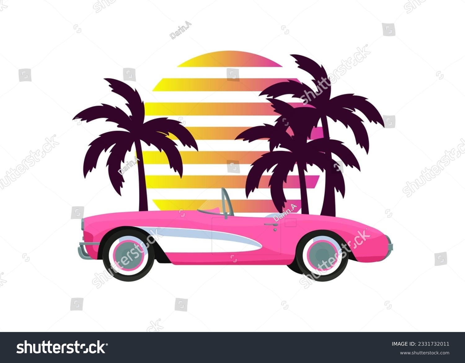 SVG of Pink classic corvette car on palm trees, sunset background in retro vintage style. Design t-shirt, print, sticker, poster. Vector svg
