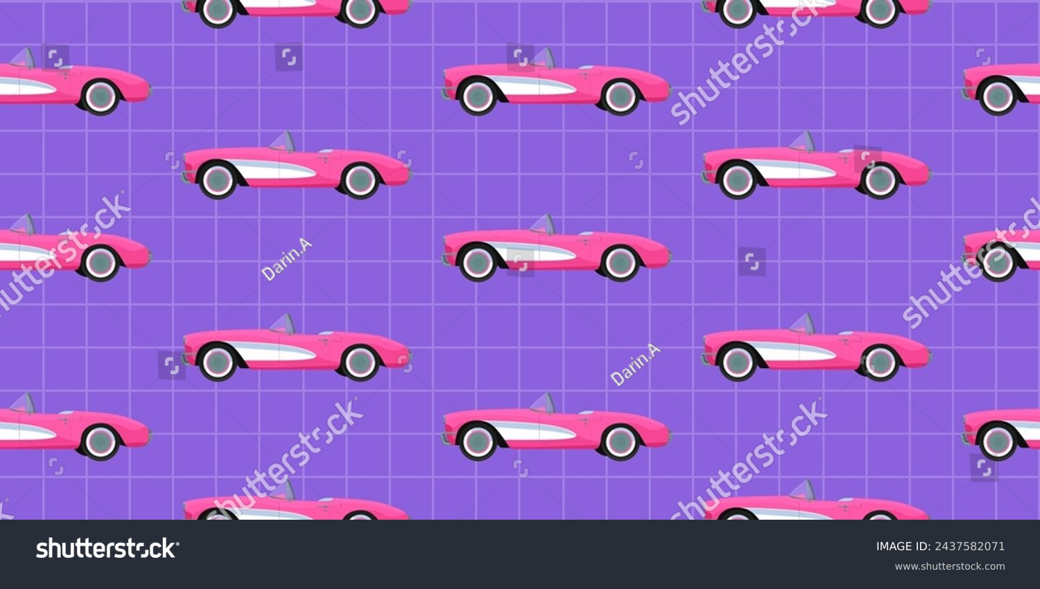 SVG of Pink classic corvette car seamless pattern on violet background. Retro american automobile design illustration for textile, wrapping paper, fabric, wallpaper, vintage cover. Vector svg