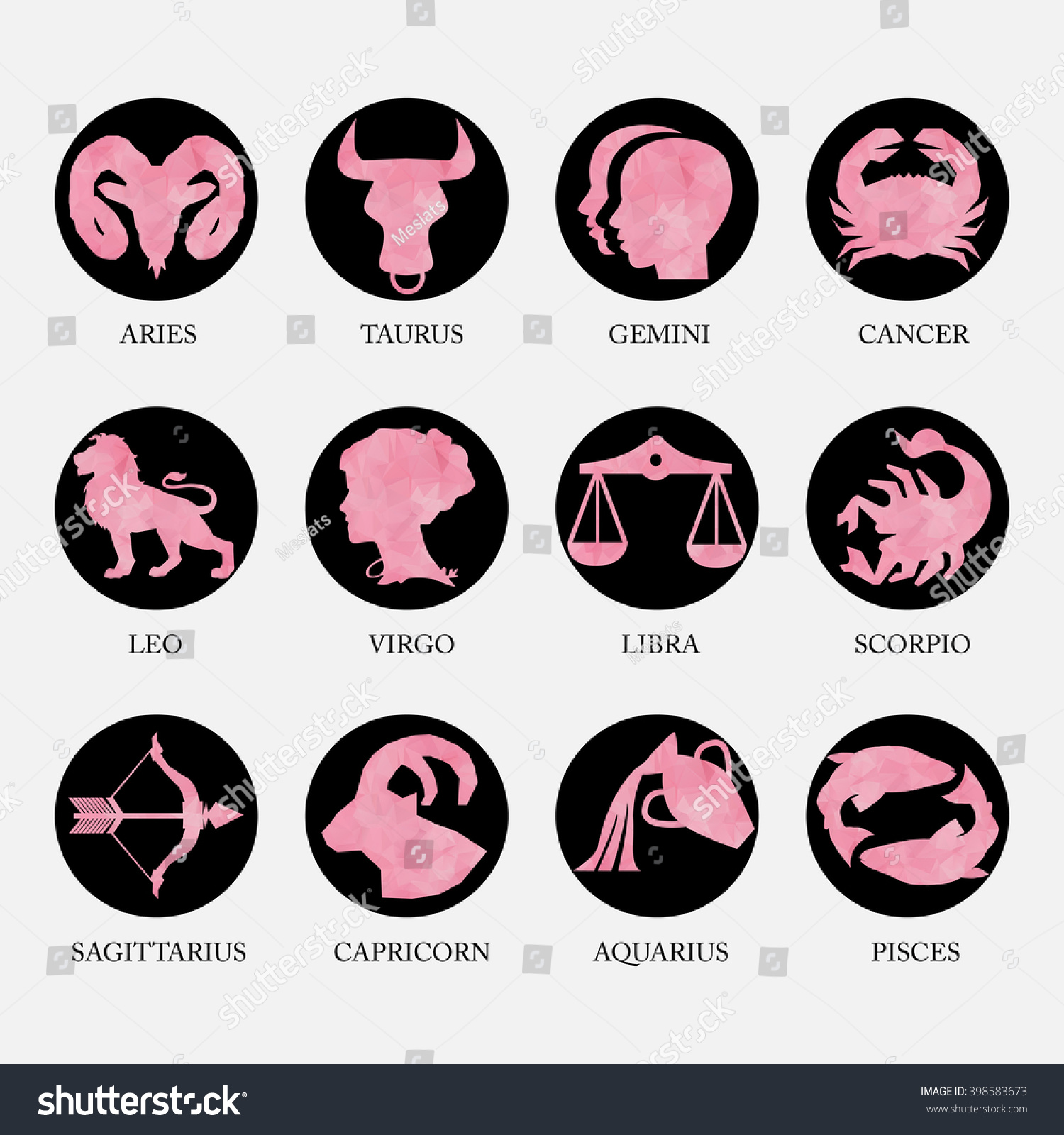 Pink Girls Geometric Polygon Zodiac Signs And Icons Stock Vector 