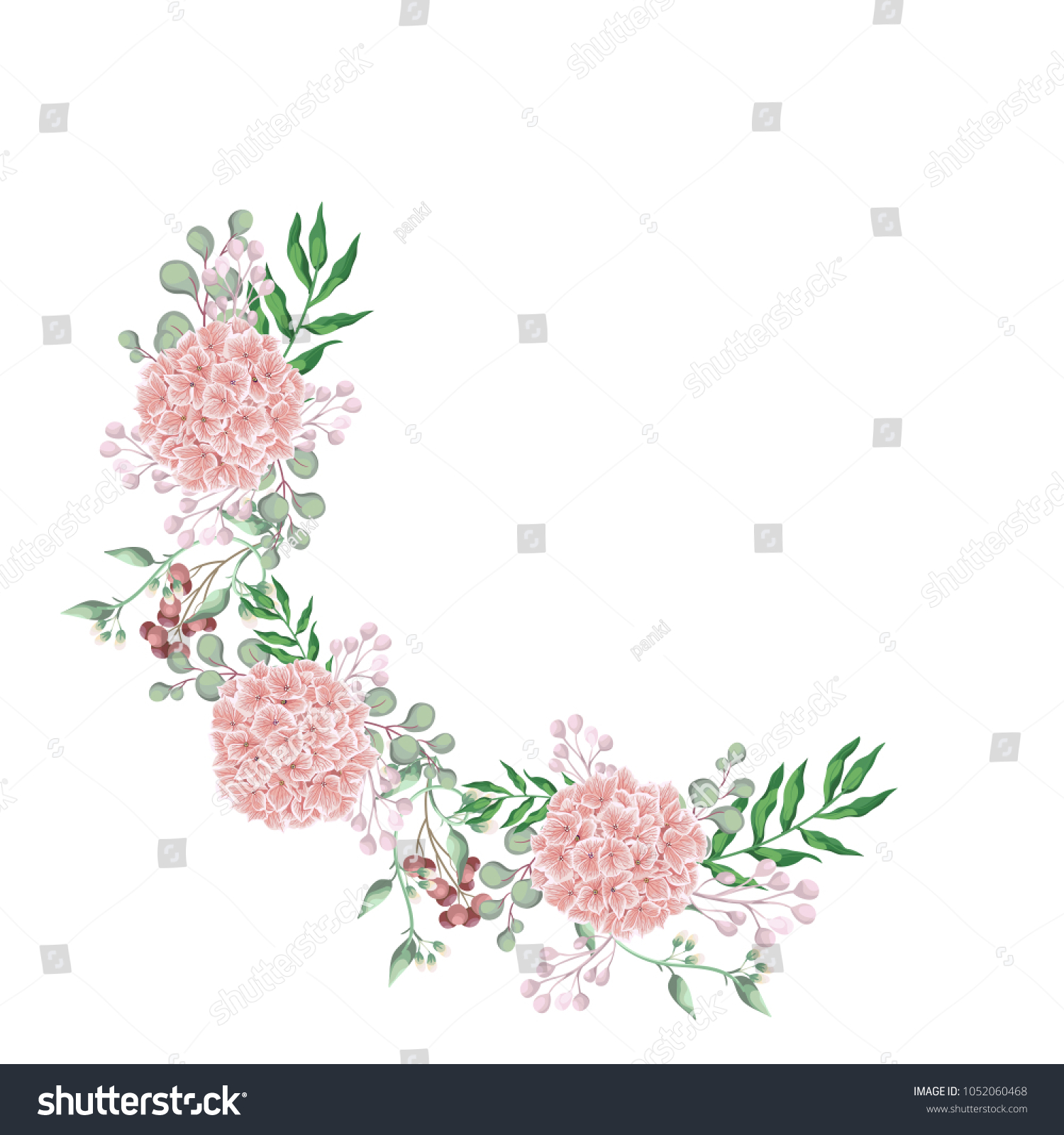 SVG of Pink hydrangea flower half wreath, floral border with eucalyptus, dry flowers, spring berry branch, leaves. Wedding watercolor invite card, romantic design. Boho vector in rustic elegant style. svg