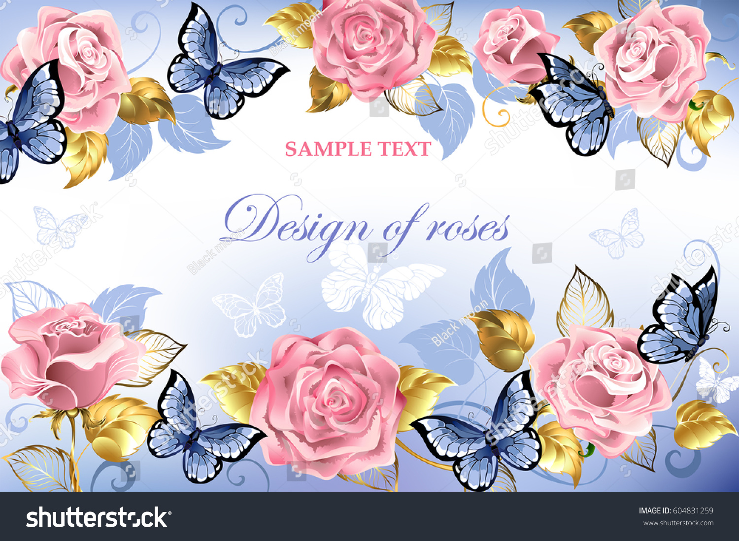 Pink Roses Blue Butterflies Golden Leaves Stock Vector ...