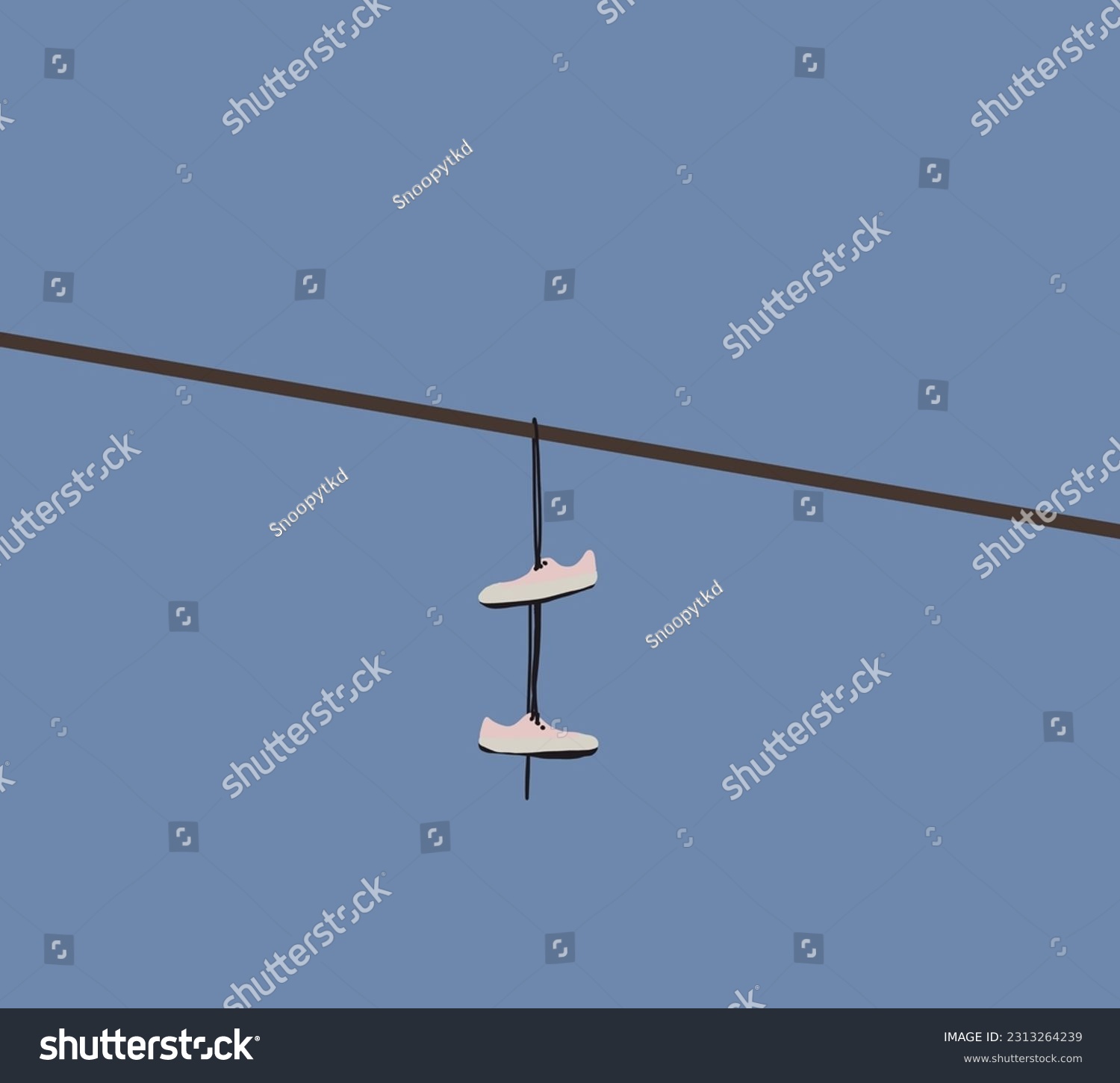 SVG of Pink sneakers hanging on electric wires against a background of blue sky. Close-up, copy space. Urban culture, sale of prohibited substances svg