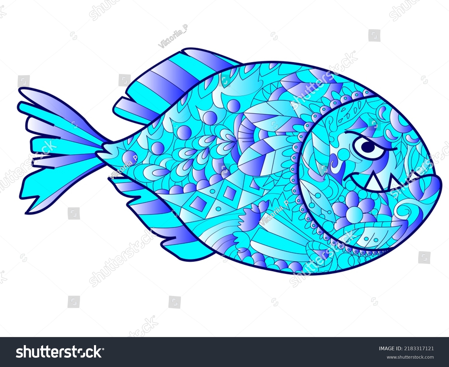 SVG of Piranha sea animal color blue for adults vector illustration. Anti-stress for adult. svg