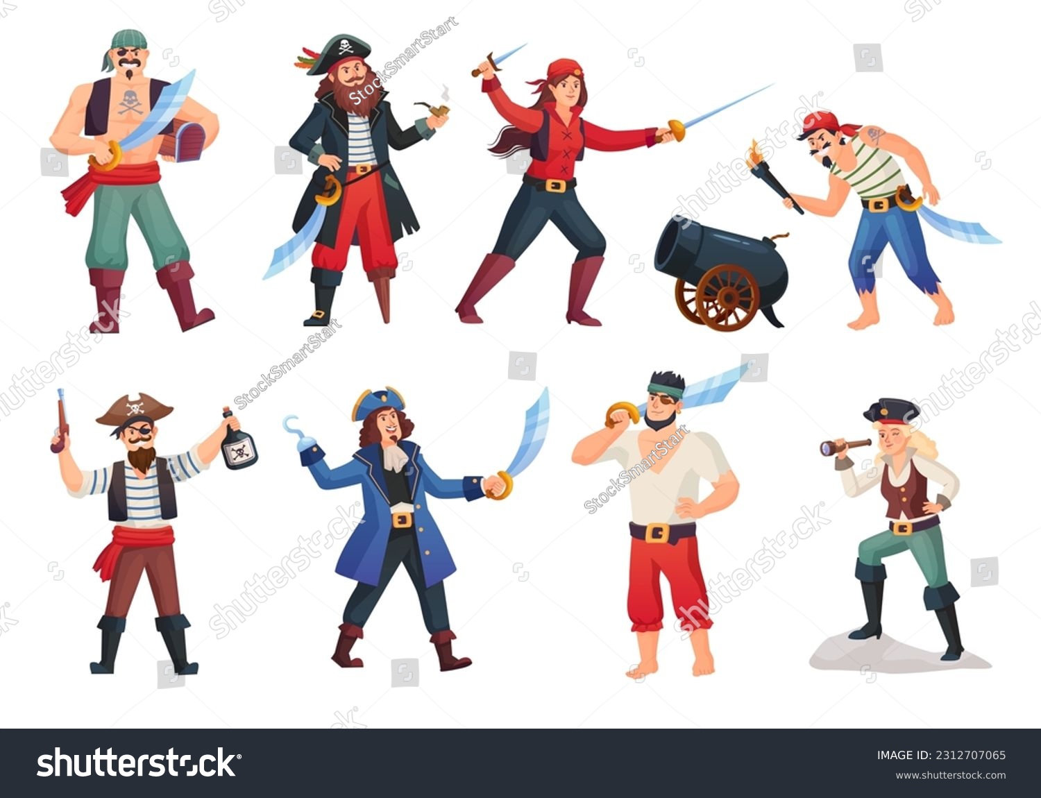 SVG of Pirate adventure characters. Cartoon pirat with rum, sea rover man woman in pirates costumes, corsair or marine sailor crew captain, buccaneer pirat in ingenious vector illustration svg