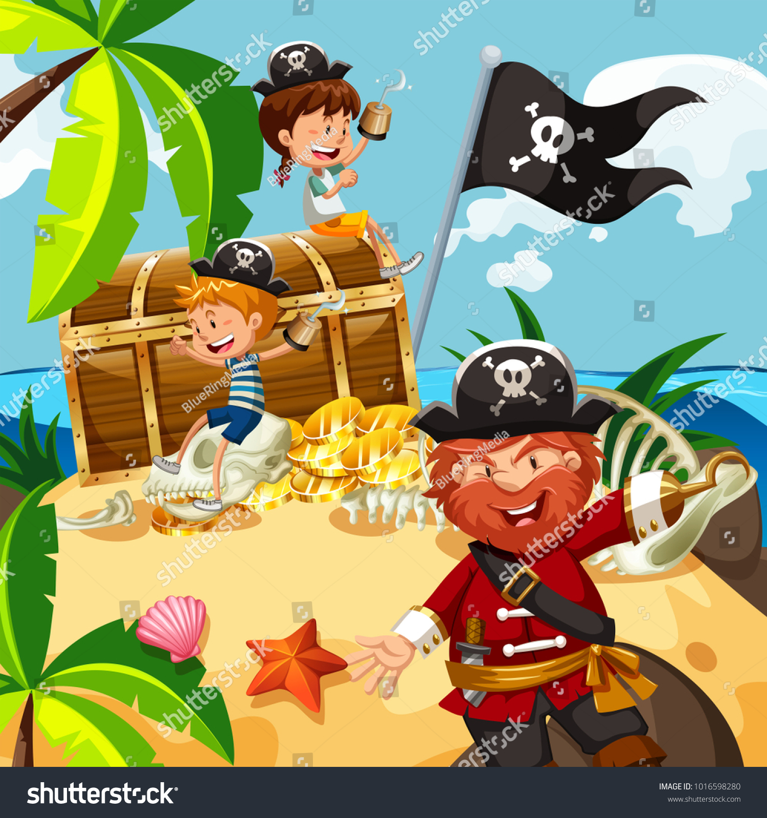 Pirate Kids Treasure Chest On Island Stock Vector (Royalty Free) 1016598280