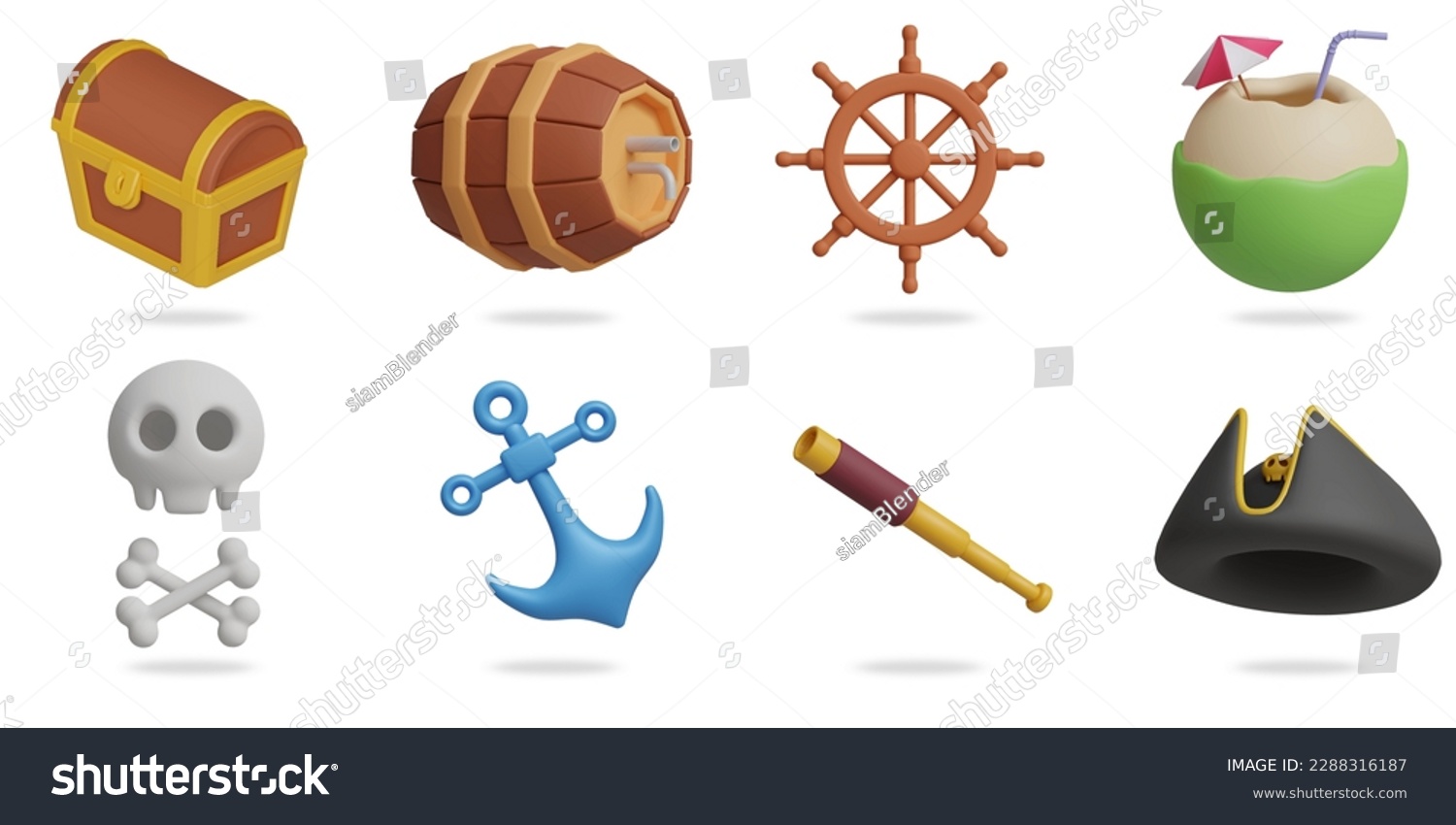 SVG of pirate 3D vector icon set.
treasure chest,wooden barrel,boat steering wheel,coconut,skull,anchor,telescope spyglass,pirate hat svg