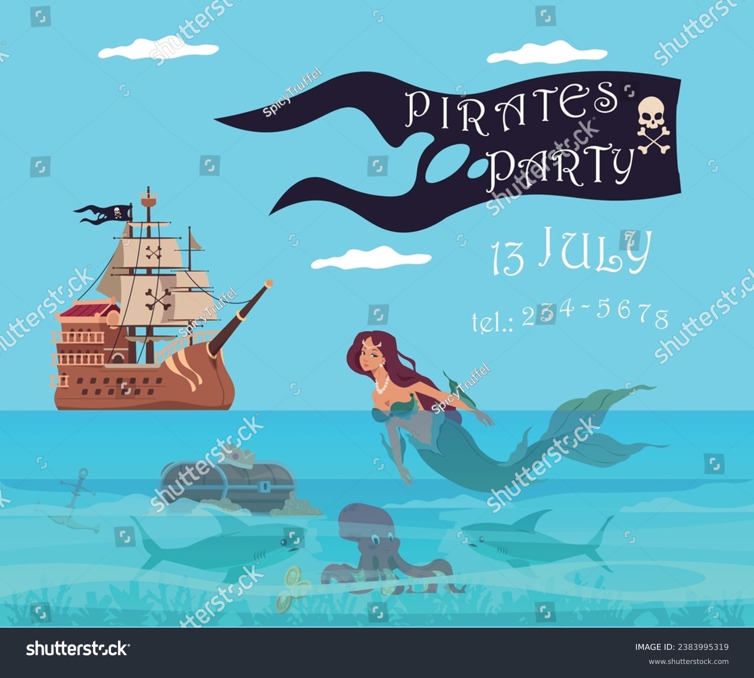 SVG of Pirate party invitation banner. Filibuster wooden ship. Sailing boat. Mermaid in sea waves. Treasure chest. Buccaneers adventure. Children holiday invite. Vector greeting card design svg