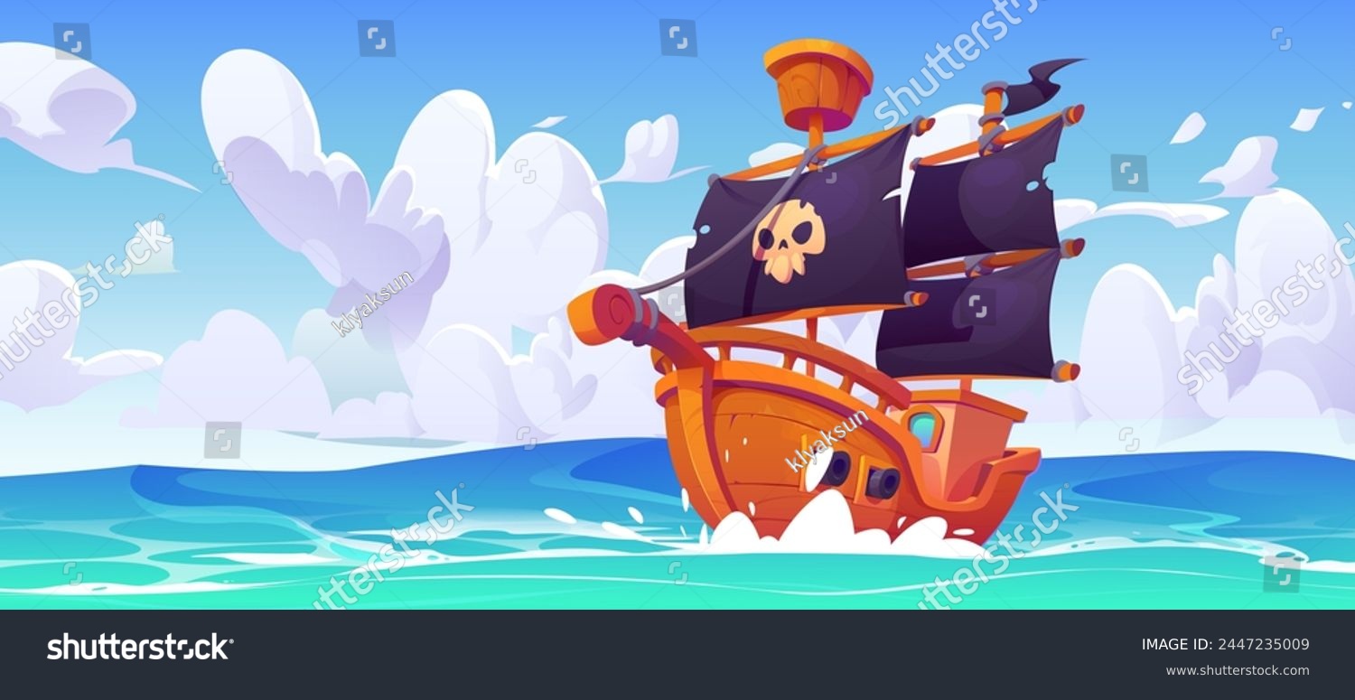 SVG of Pirate sail ship in sea background illustration. Old corsair and black flag with skull in ocean. Caribbean adventure on wooden deck of buccaneer frigate. Battleship vessel with skeleton design scene svg