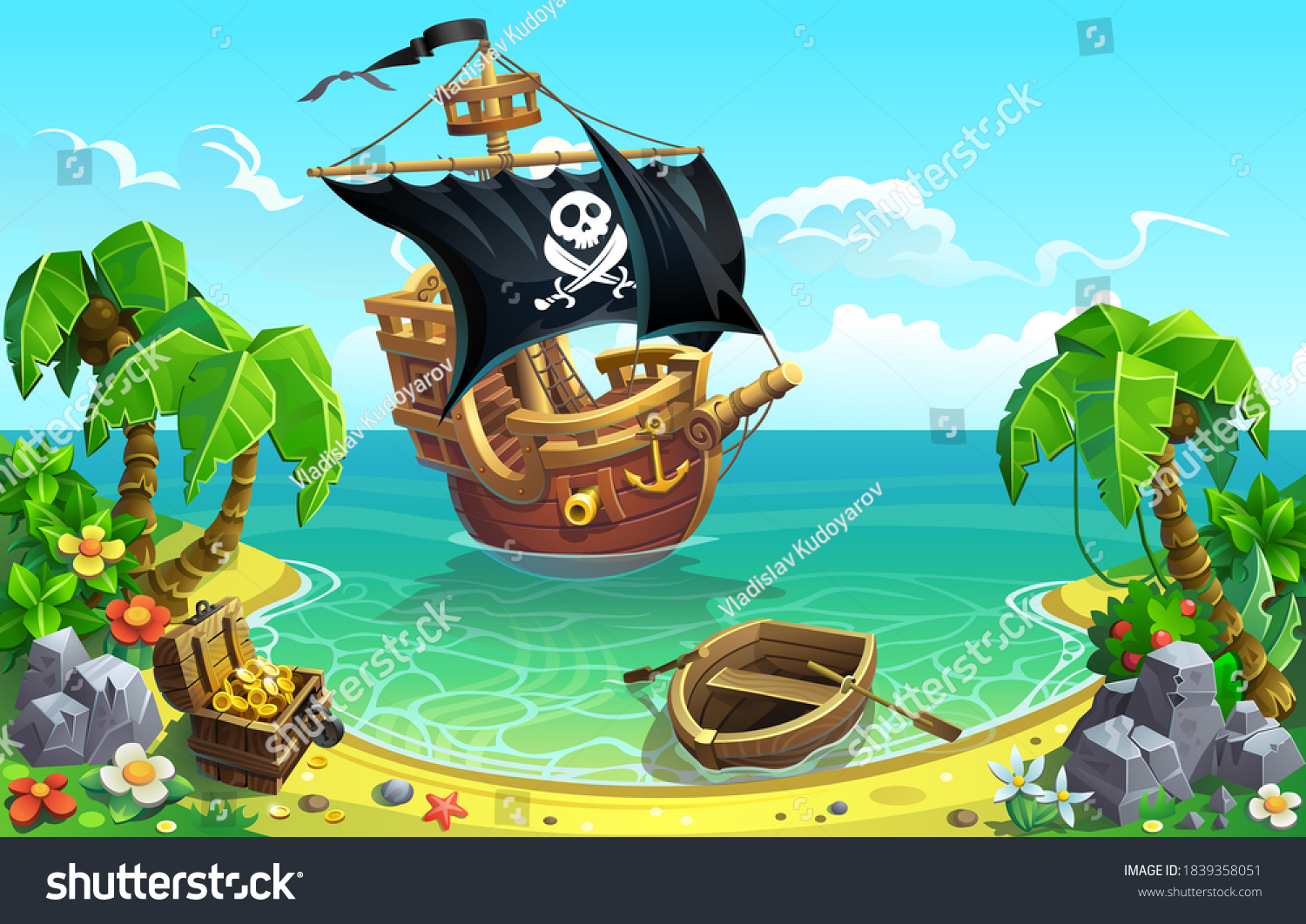 SVG of Pirate sailing ship and treasure chest in the bay of a tropical island with palm trees. svg
