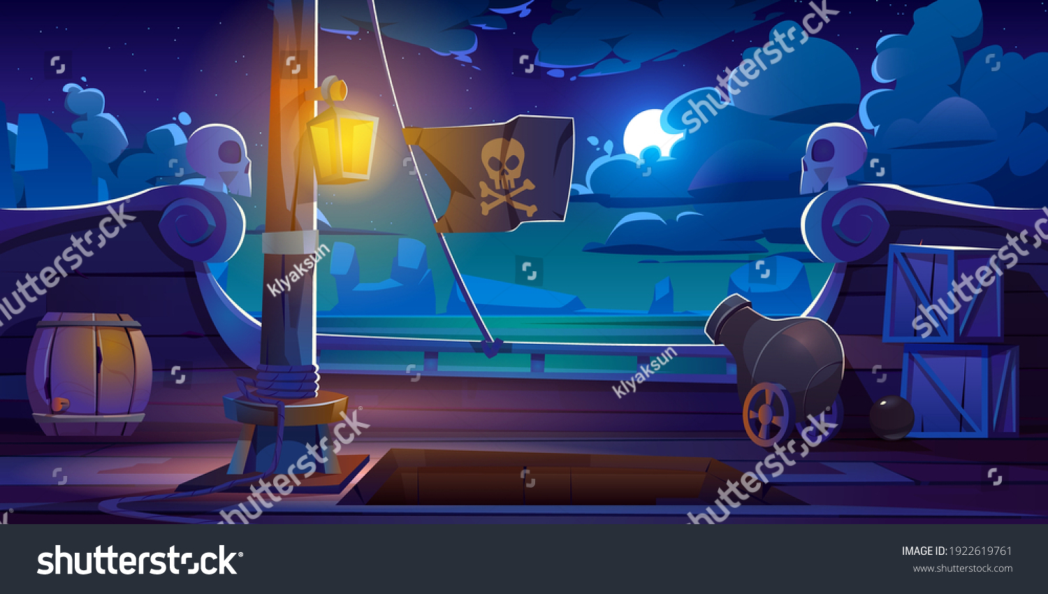 SVG of Pirate ship deck onboard night view, wooden boat with cannon, glow lantern, wood barrels, hold entrance, mast with ropes and jolly roger flag on dark seascape background, cartoon vector illustration svg