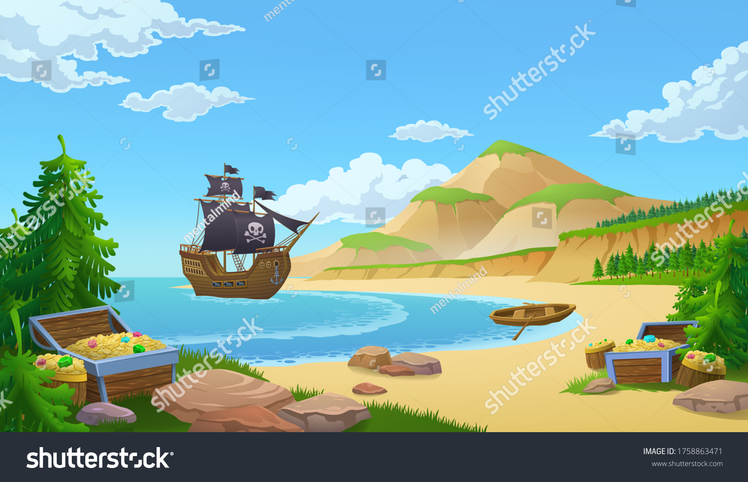 SVG of Pirate ship in a bay with trunks of treasure or booty on a sandy beach, colored vector illustration svg