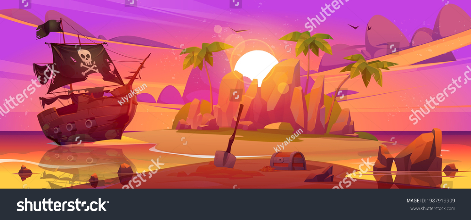 SVG of Pirate ship moored on secret island with treasure chest at sunset landscape. filibuster loot and shovel under on sea beach with palm trees. Adventure book or game scene, Cartoon vector illustration svg
