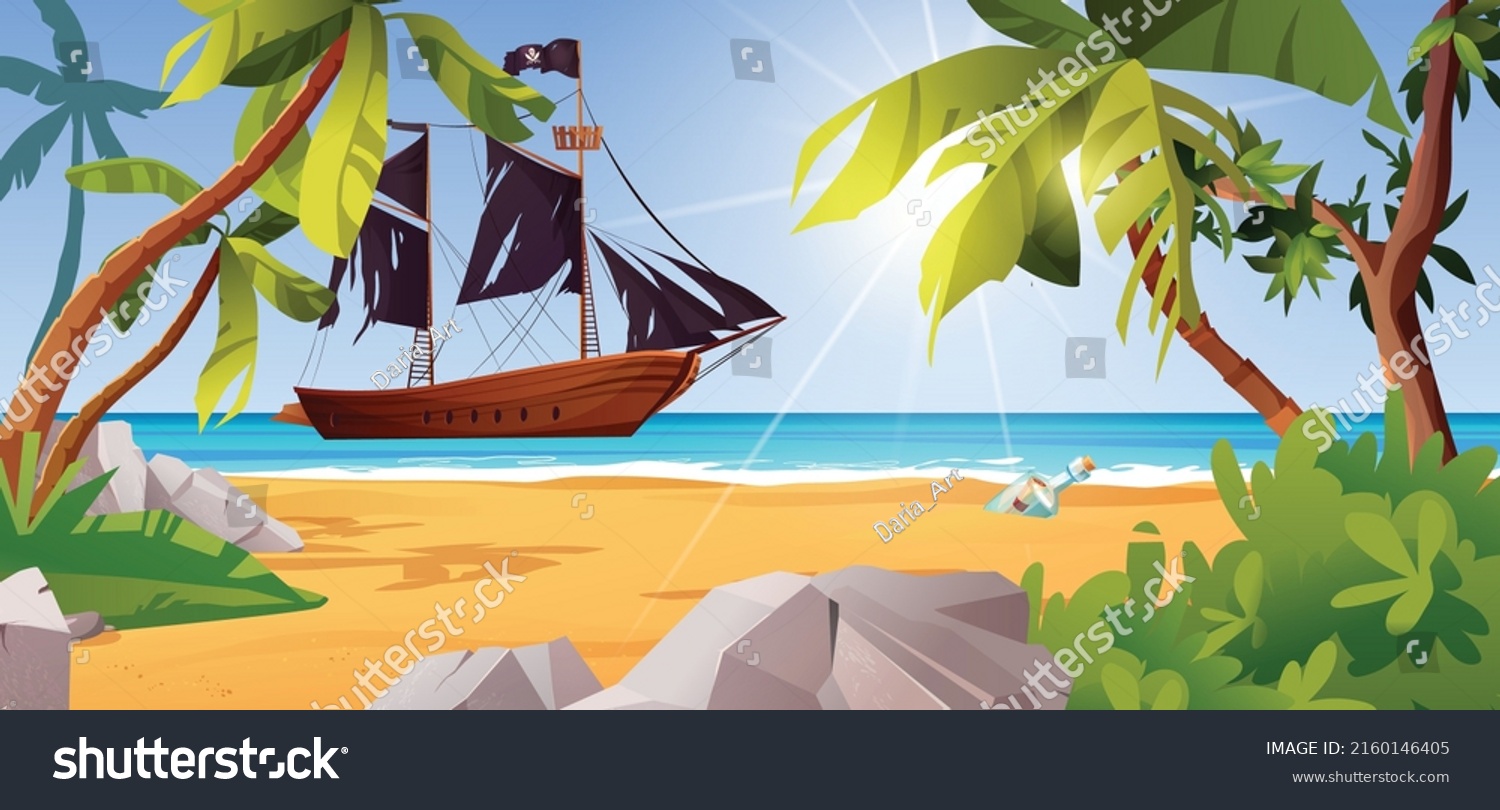 Pirate Ship Near Island Palm Trees Stock Vector (Royalty Free ...