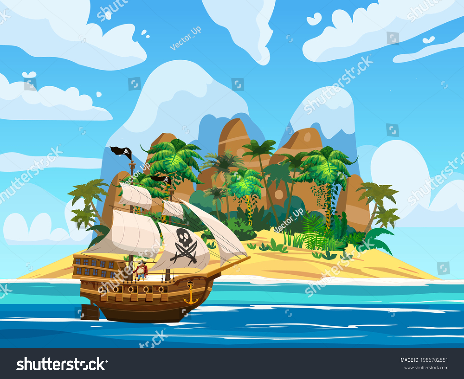 Pirate Ship Under Sail Ocean Island Stock Vector (Royalty Free ...