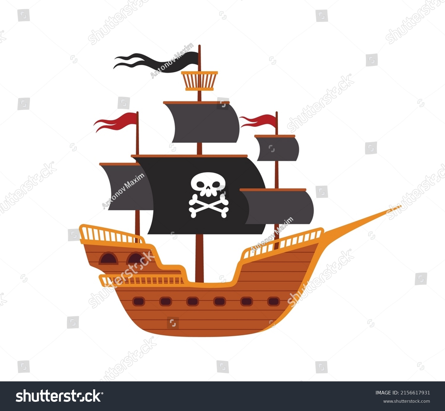 Pirate Ship Black Sails Crossbone Cartoon Stock Vector (Royalty Free ...