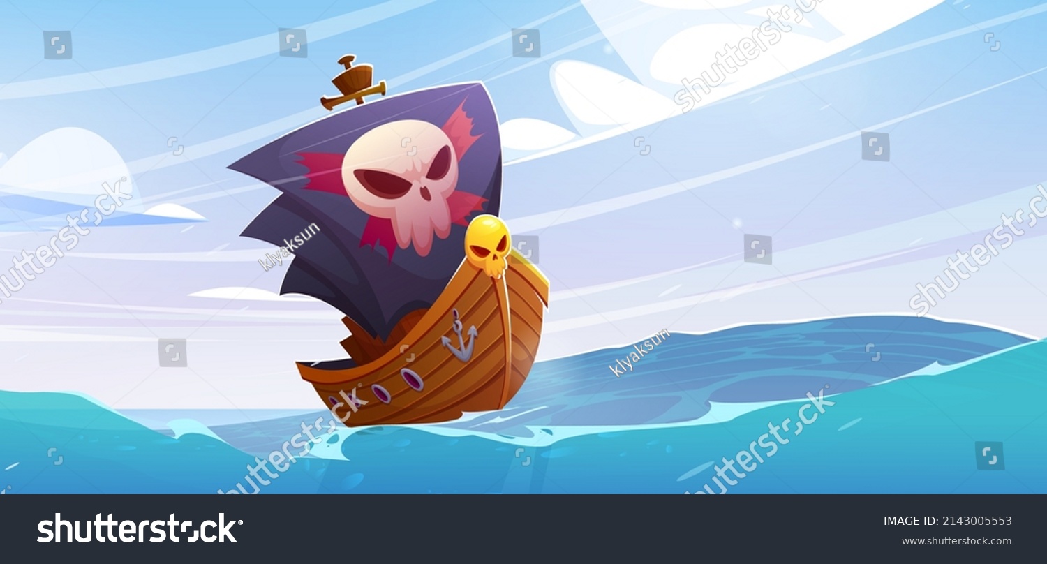 SVG of Pirate ship with black sails and jolly roger floating on ocean water waves. Legend of the seas cartoon game scene or book picture with filibusters battleship with skull on stem, Vector illustration svg