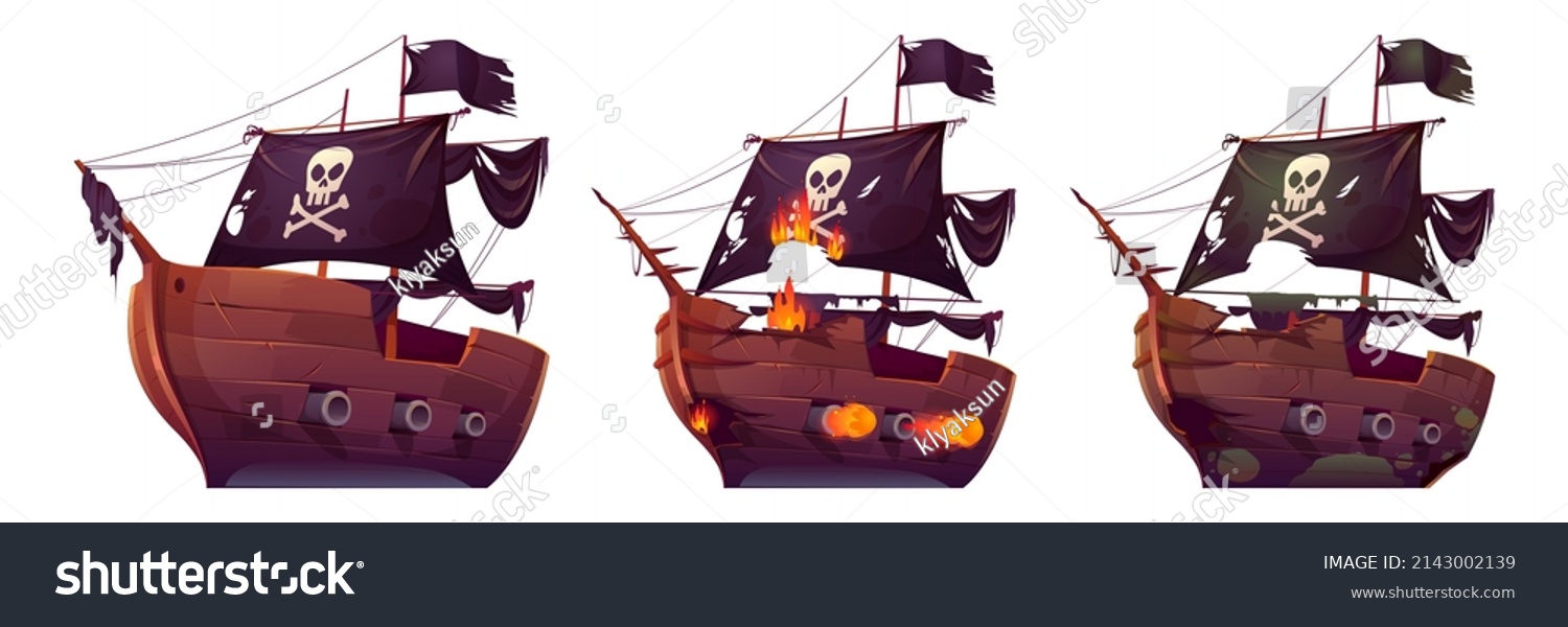 SVG of Pirate ships isolated on white background. Wooden boats with black sails, shooting cannon and jolly roger flag. Old and new battleship, barge after shipwreck and sea battle Cartoon Vector illustration svg