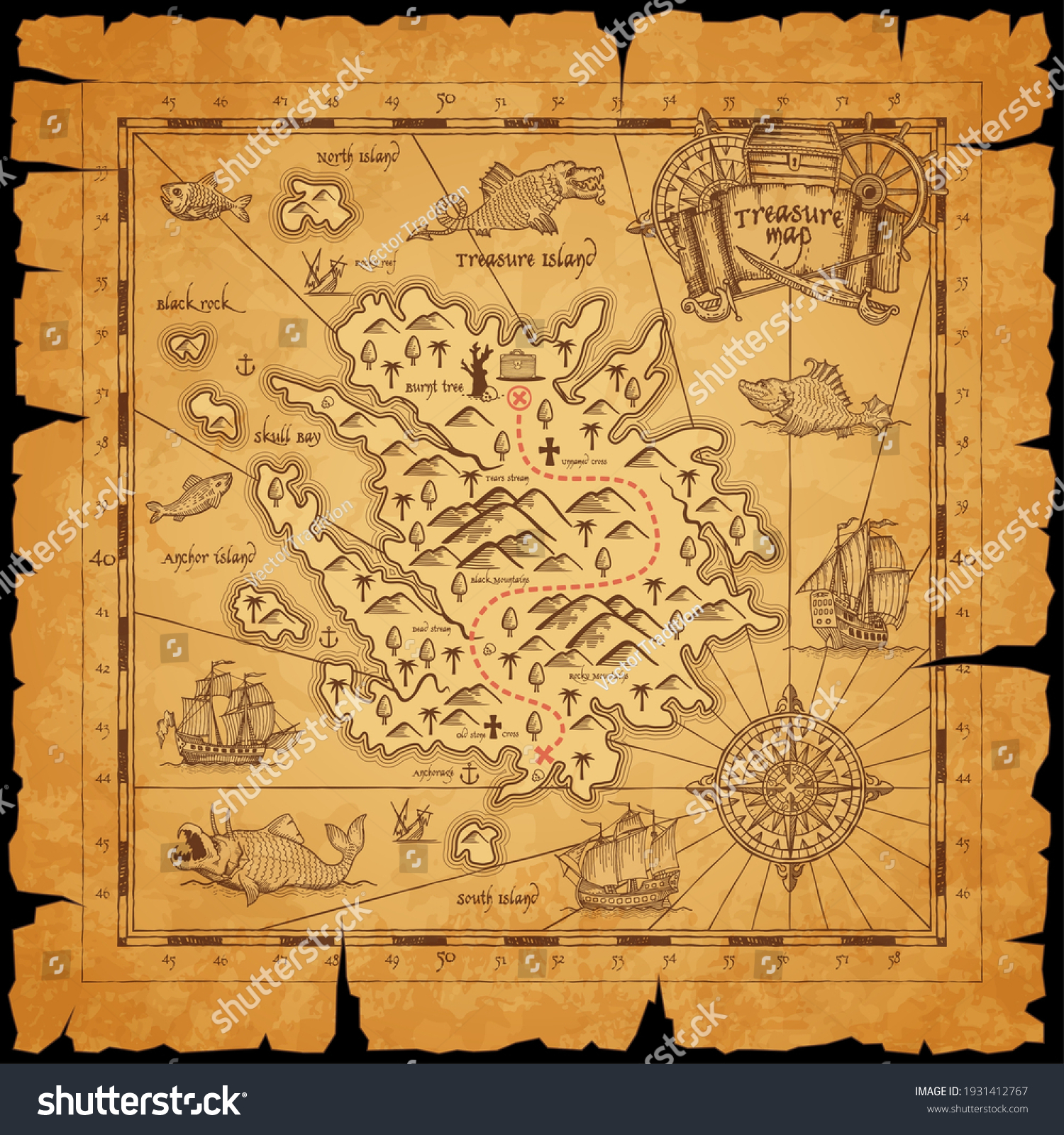 SVG of Pirate treasure island ancient map. Route dotted line among mountains, mark for chest with treasures and sailing in ocean caravels, sea monsters on piece of parchment paper with torn sides vector svg