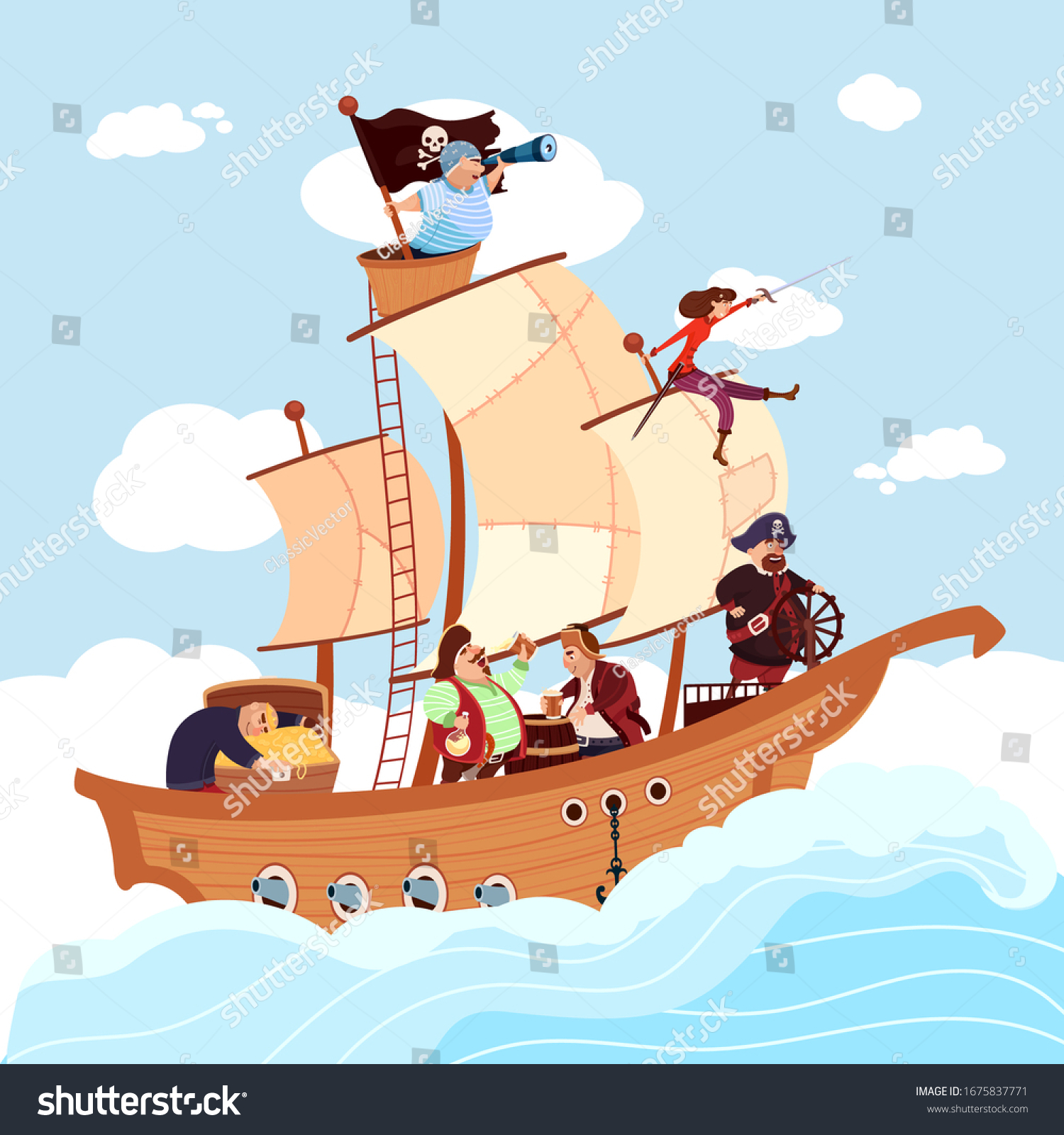 SVG of Pirates on wooden ship under white sails in sea. Buccaneer boat. Filibuster corsair male and female characters with saber, sword, chest full of gold, treasures. Vector cartoon illustration svg