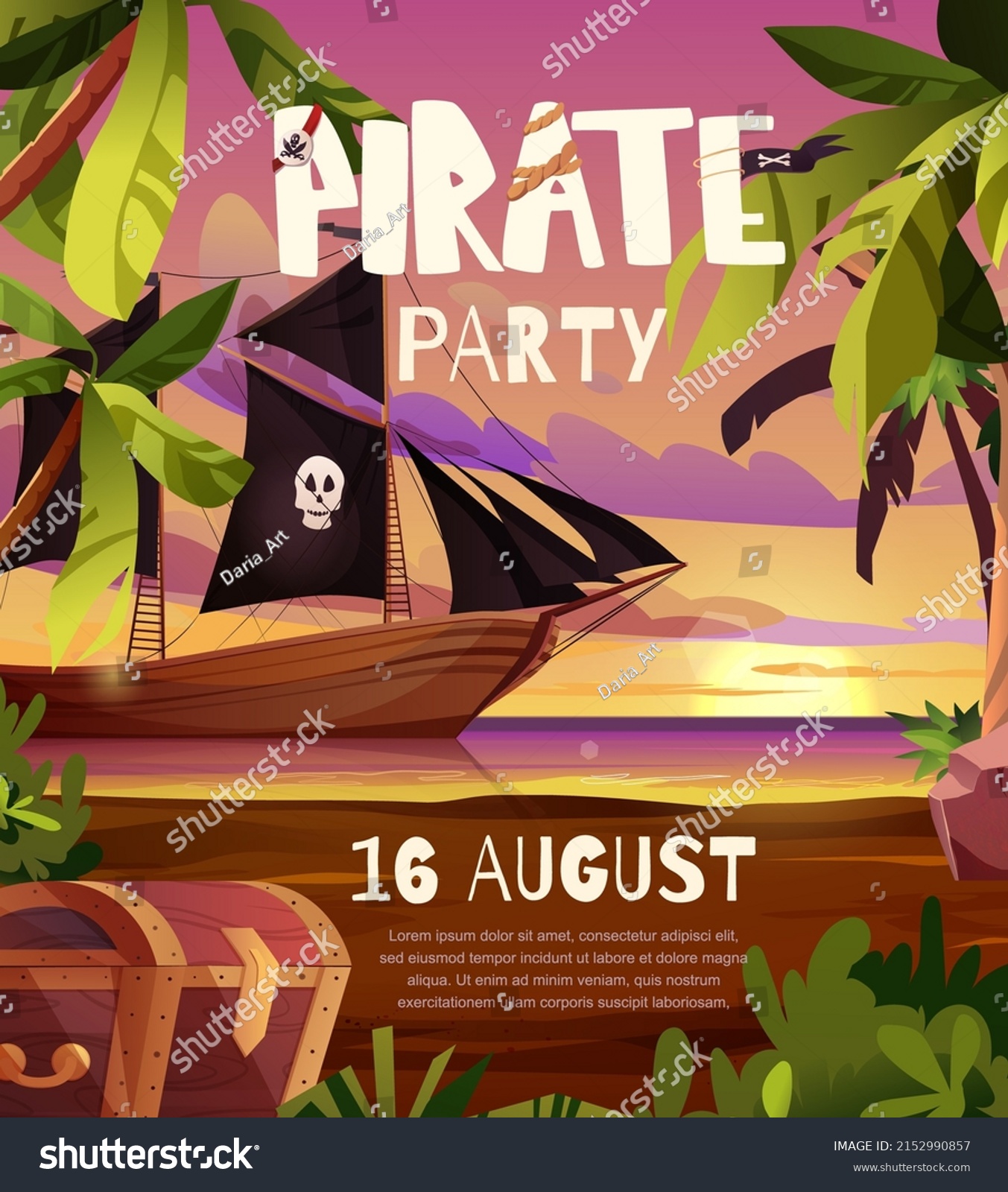 SVG of Pirates party invitation poster. Sailing pirate ship with black flags in the sea. 
 Wooden sailboat on water.  svg
