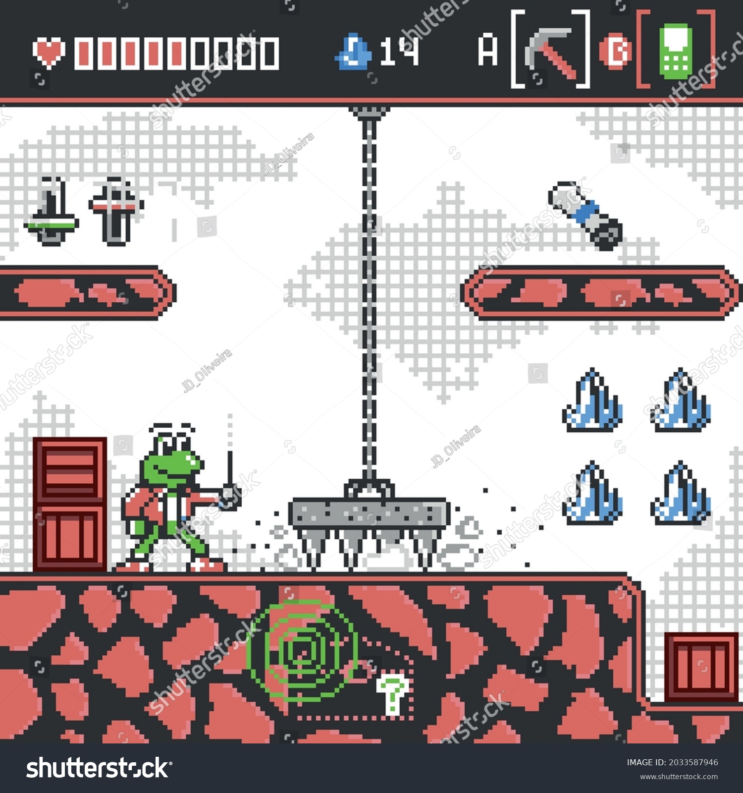SVG of Pixel art 8-bit style funny plataform adventure game interface. Abandoned Mine level design with levers, boxes, secret map, diamonds and traps. The funny protagonist is an curious detective frog. svg