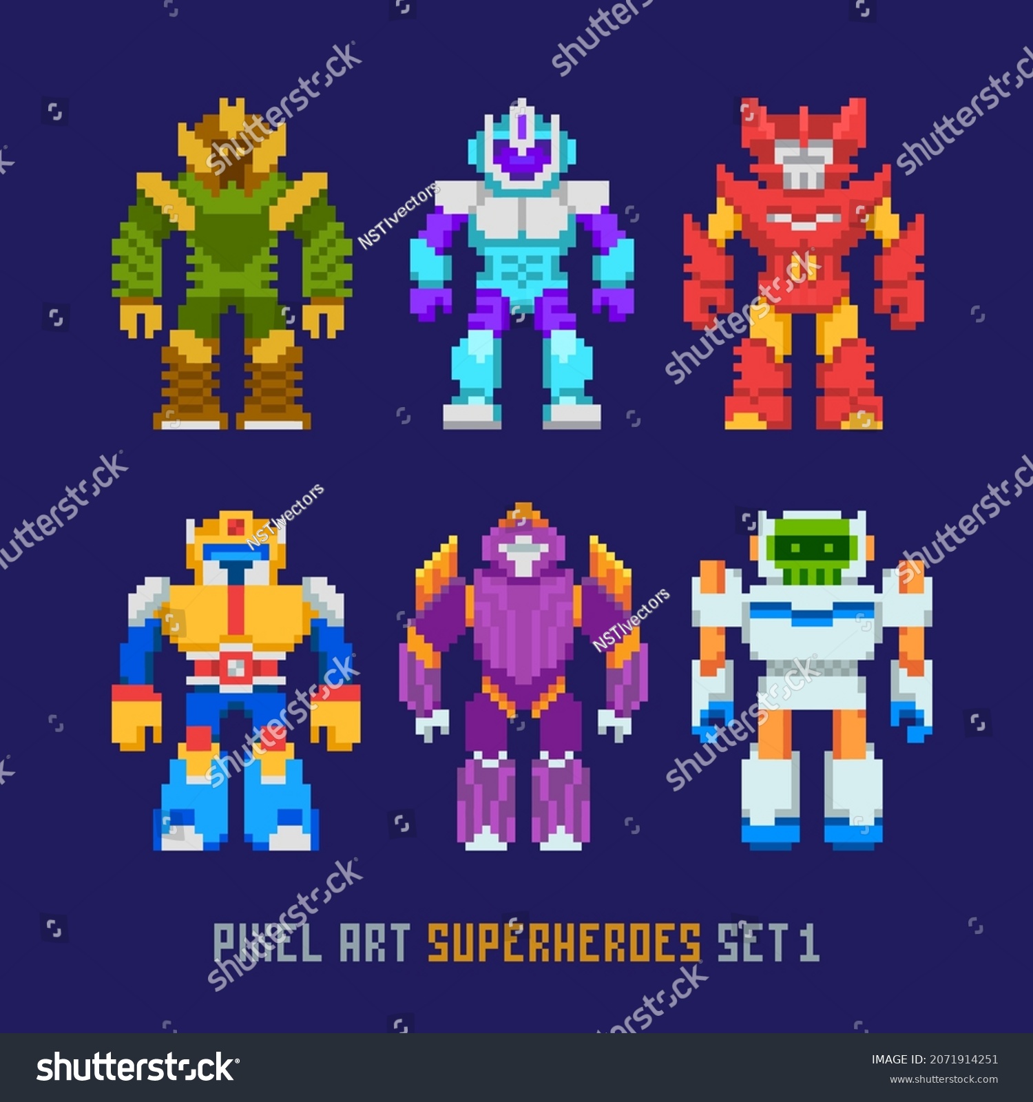 Pixel Art Cartoon Robots 8bit Superheroes Vetor Stock Livre De