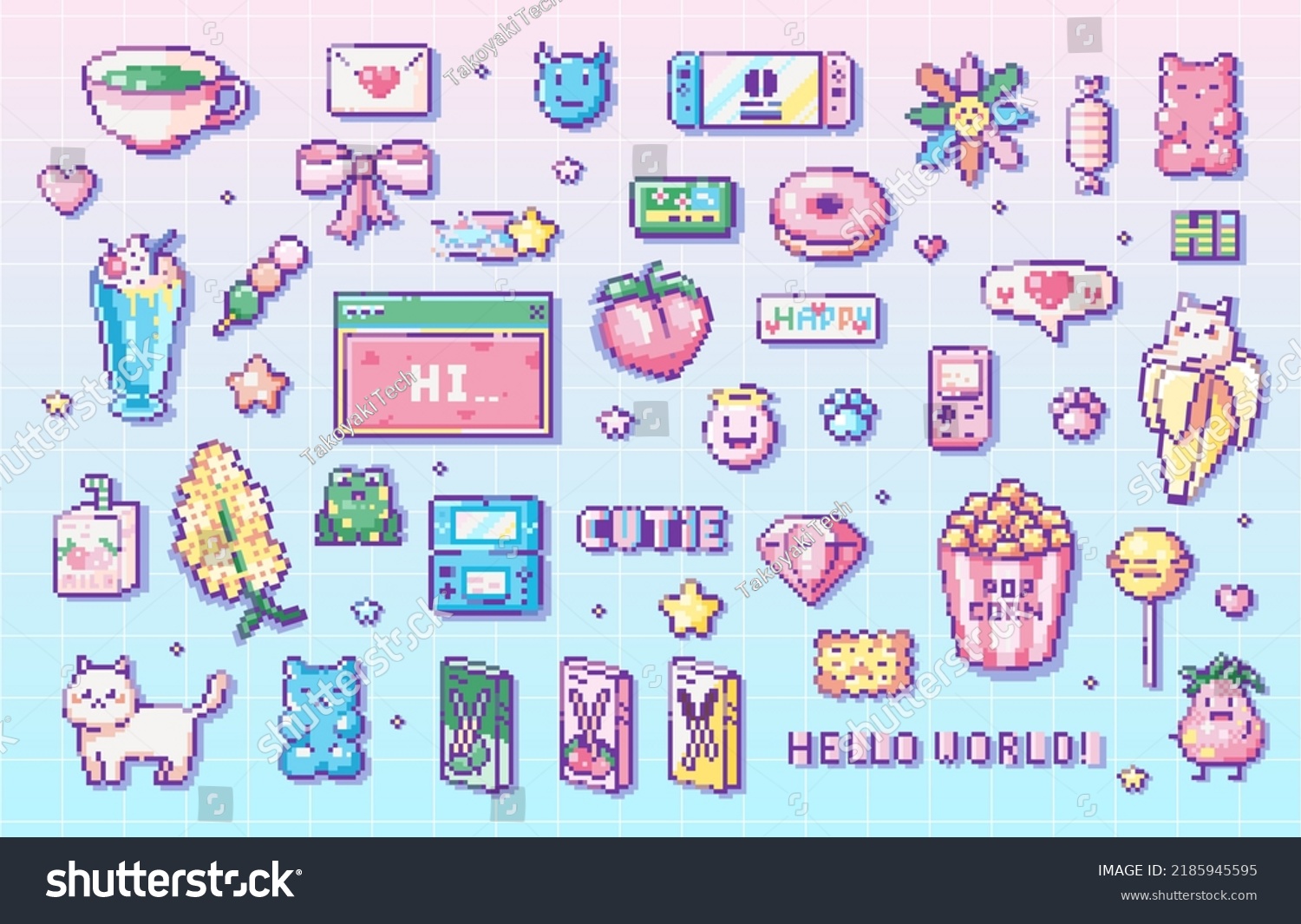 SVG of Pixel art Cute gaming clip art pack. 8 bit vintage video game style decorations set like snacks, sweets, console, handheld pocket games, animals and decorative elements. Vector cute pixel art stickers svg