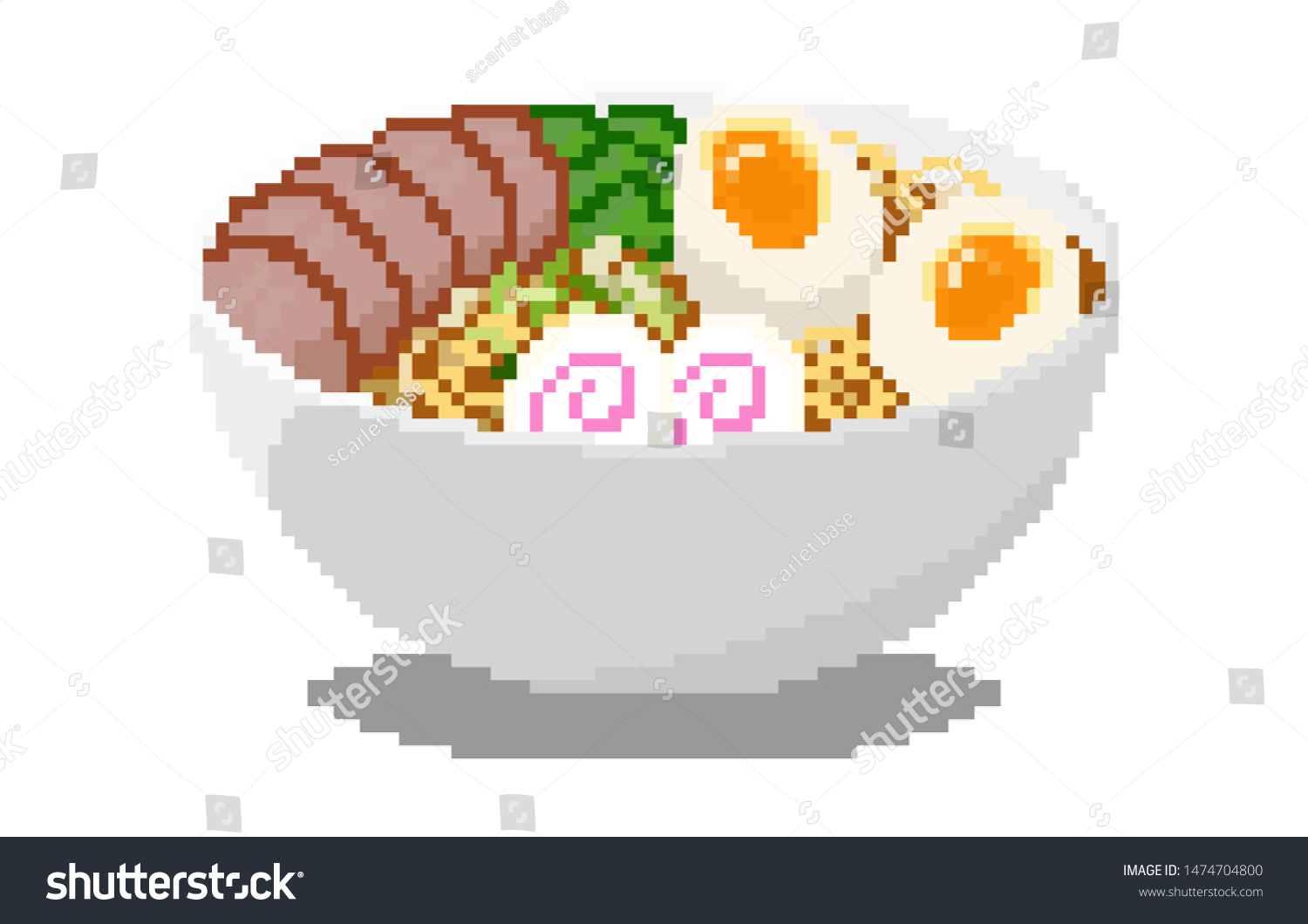 SVG of Pixel art japanese ramen soup with meat slice, egg, vegetable and naruto on white background vector illustration
 svg