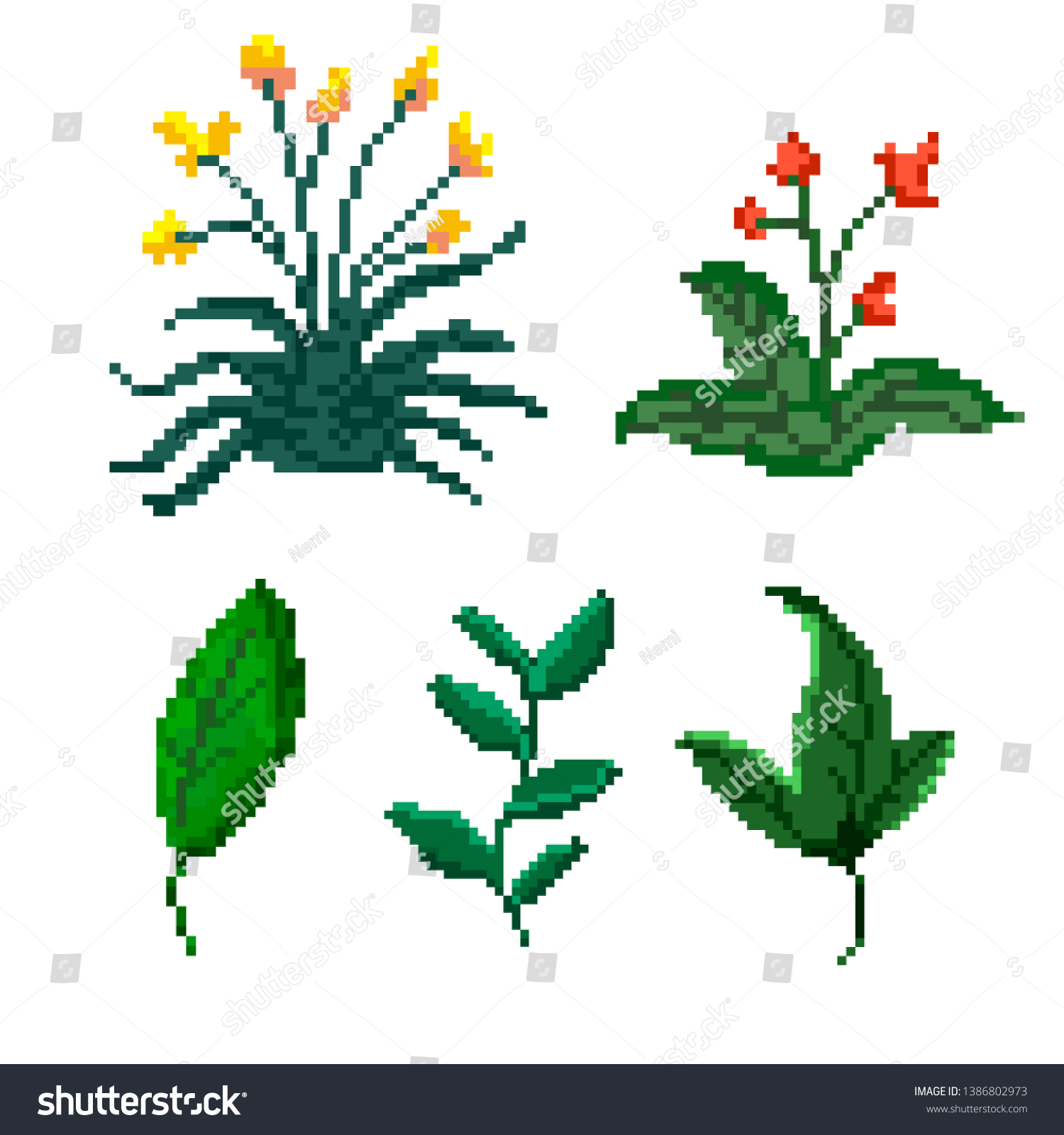 Pixel Art Leaves Bushes Flowers White Stock Vector (Royalty Free ...