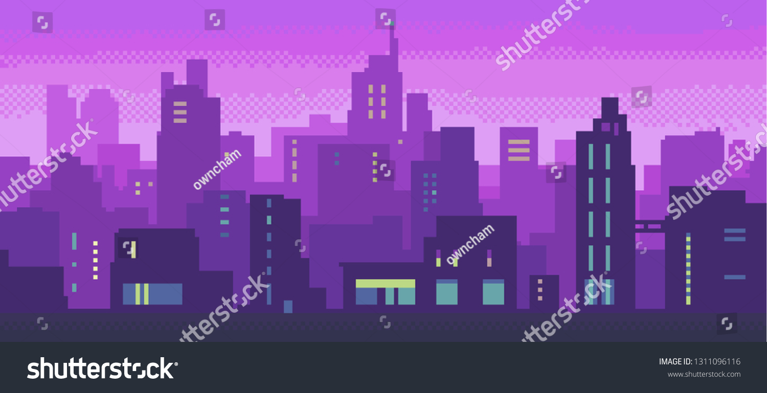 Pixel Art Neon Night City Buildings Stock Vector (Royalty Free ...