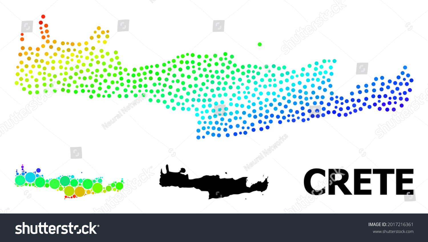 SVG of Pixelated spectral, and monochrome map of Crete Island, and black title. Vector structure is created from map of Crete Island with circles. Illustration designed for political purposes. svg
